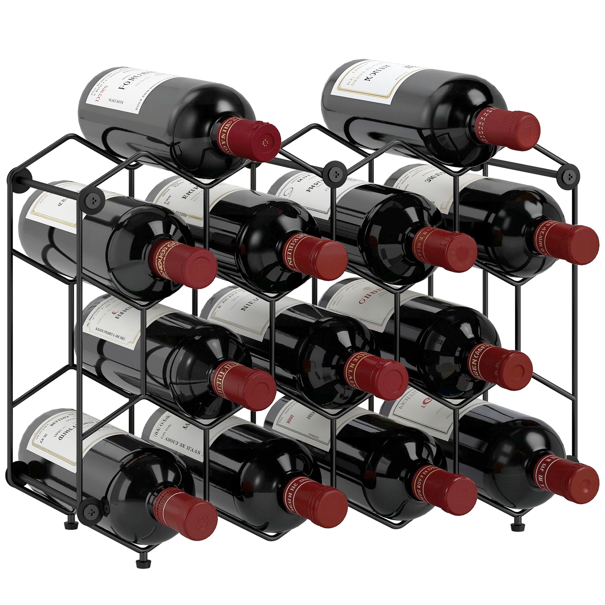 Industrial Honeycomb Wine Rack for 13 Bottles, Metal, Adjustable Feet & Anti-Tip Strap, Black