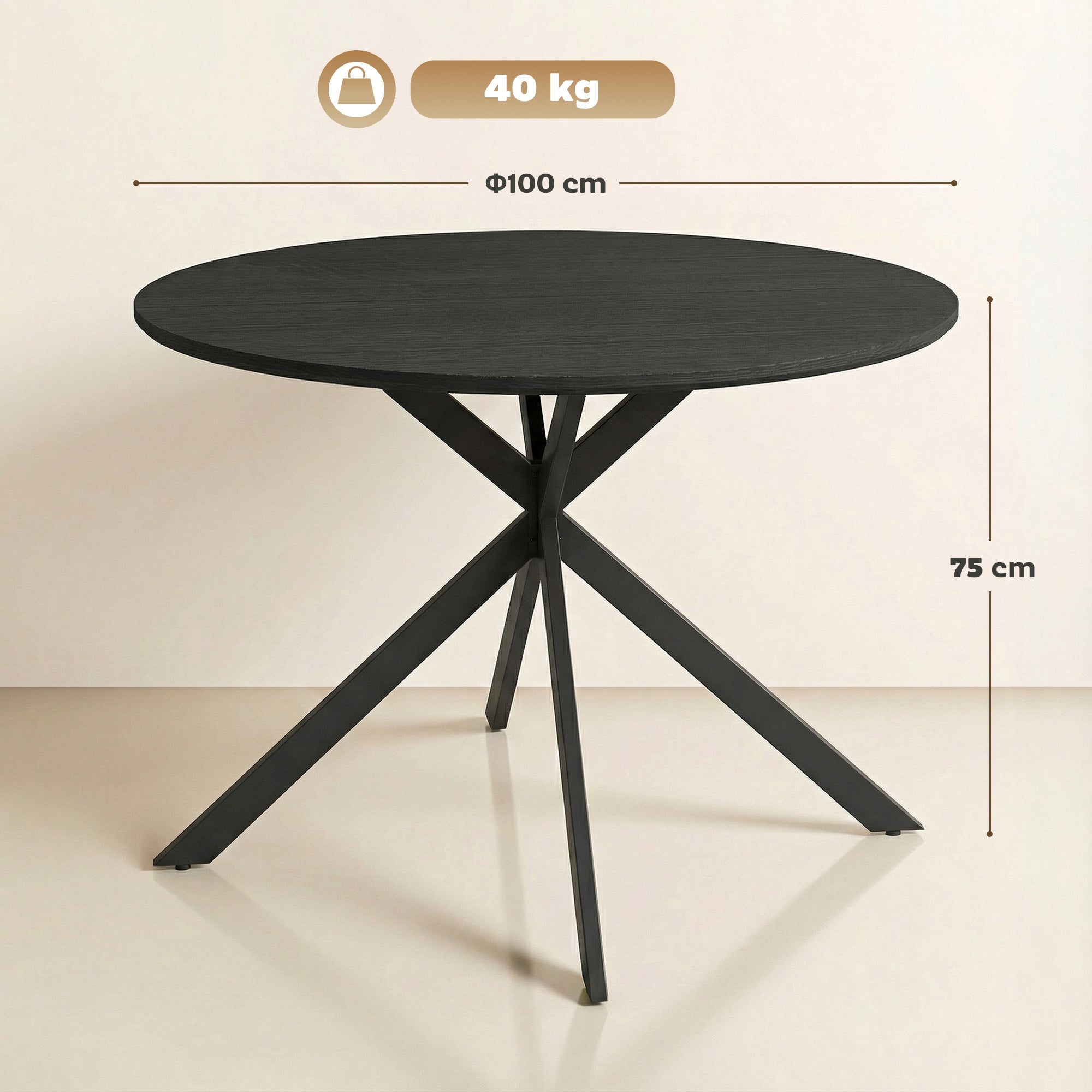 Round Dining Table for 4, 39.4 in Ø Industrial Style with Steel Legs for Dining Room, Kitchen, Home Office, Black