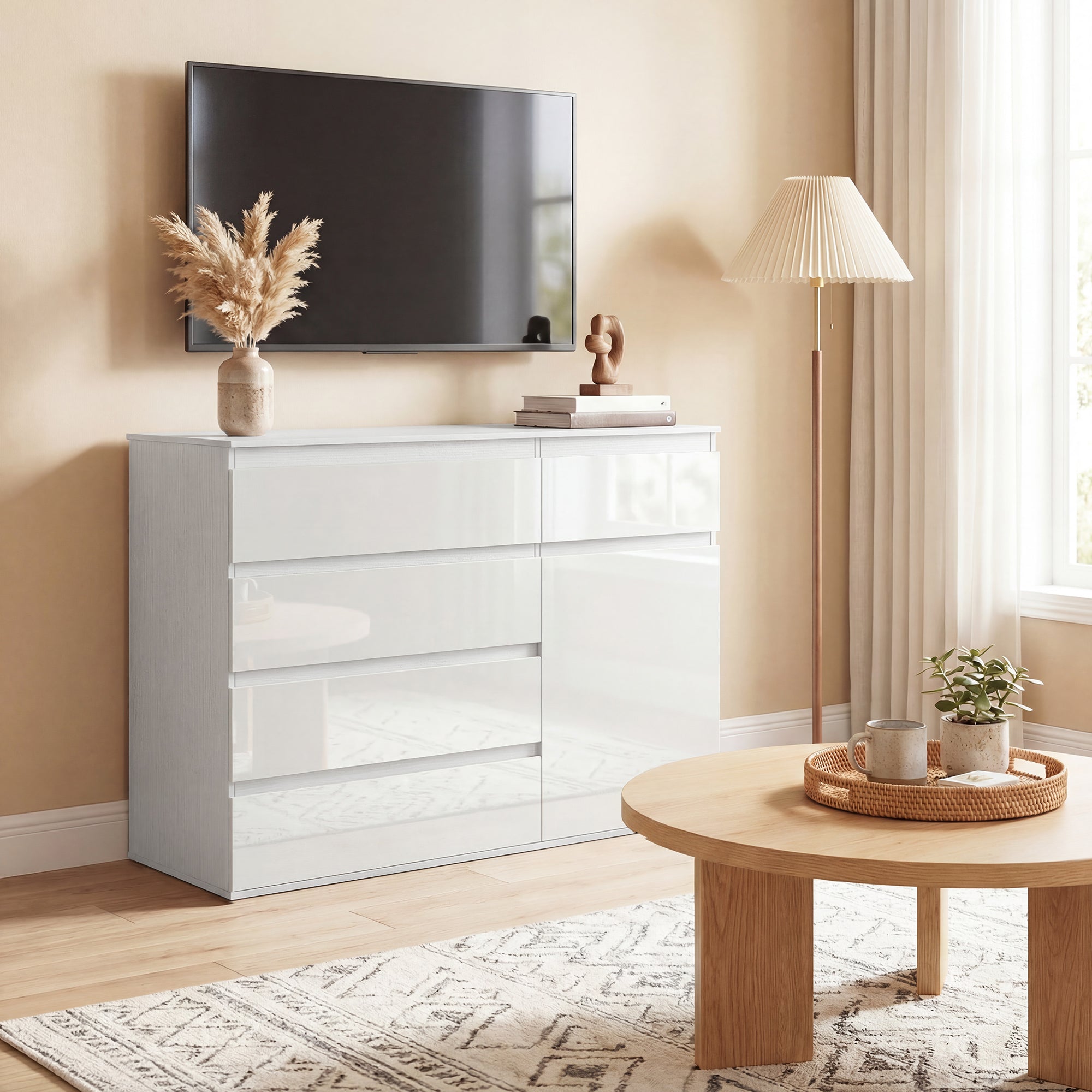 Sideboard with 5 Drawers, Adjustable Shelves, Soft-Close Door, High-Gloss White — 39.4 x 15.7 x 31.5 in