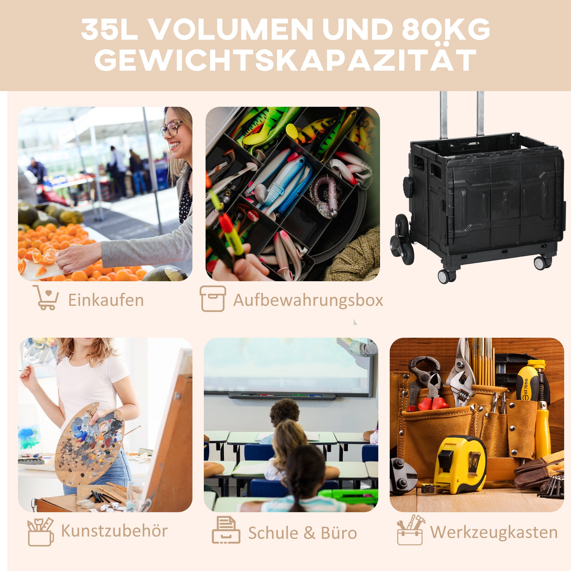 Folding Shopping Trolley, Shopping Cart with Adjustable Telescopic Handle, Stair Climber with Lid, Transport Cart up to 80 kg Capacity, Black