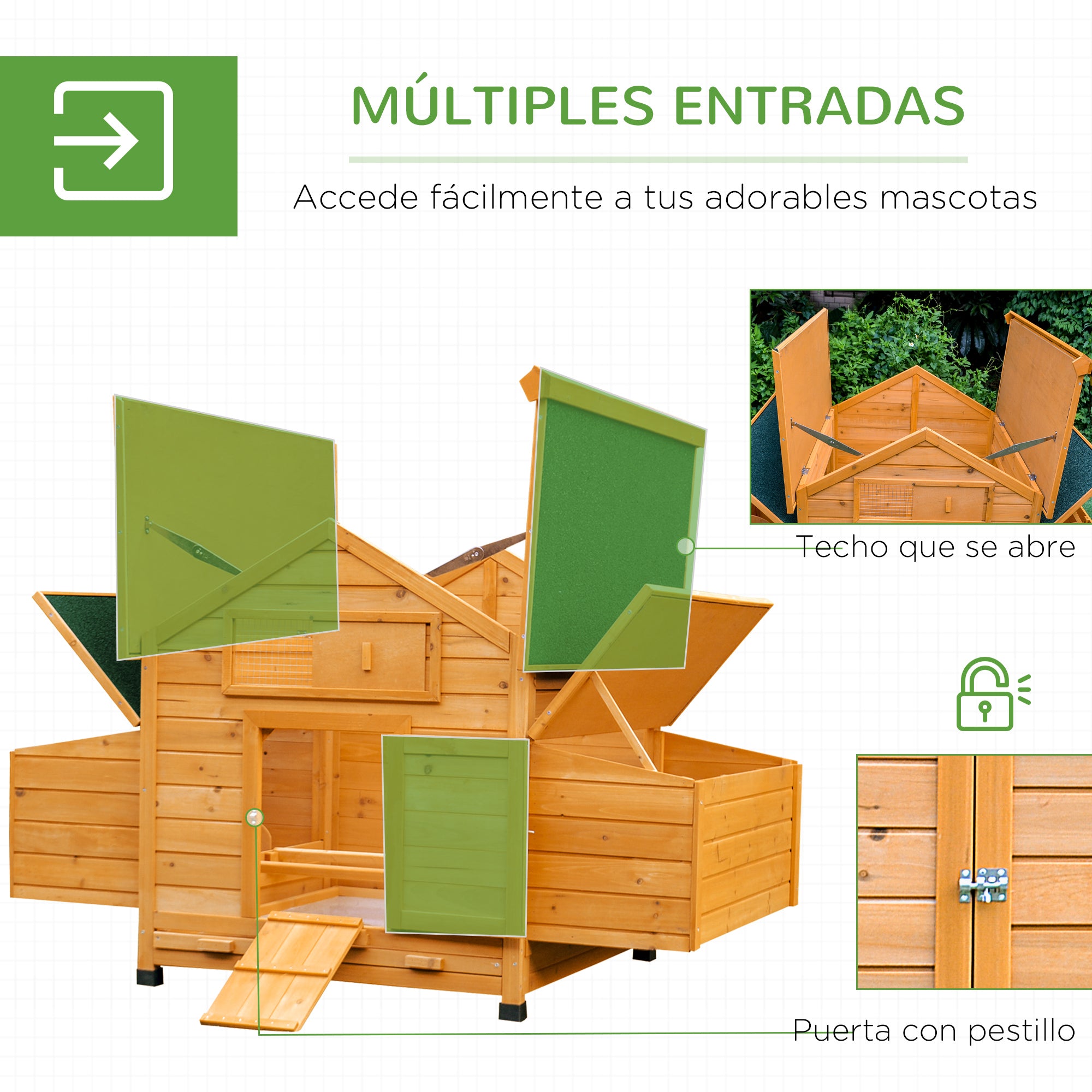 Outdoor Chicken Coop Wooden Chicken Coop for 2-4 Chickens with 2 Nests Removable Tray Hinged Roof 150x100x96.5 cm Natural