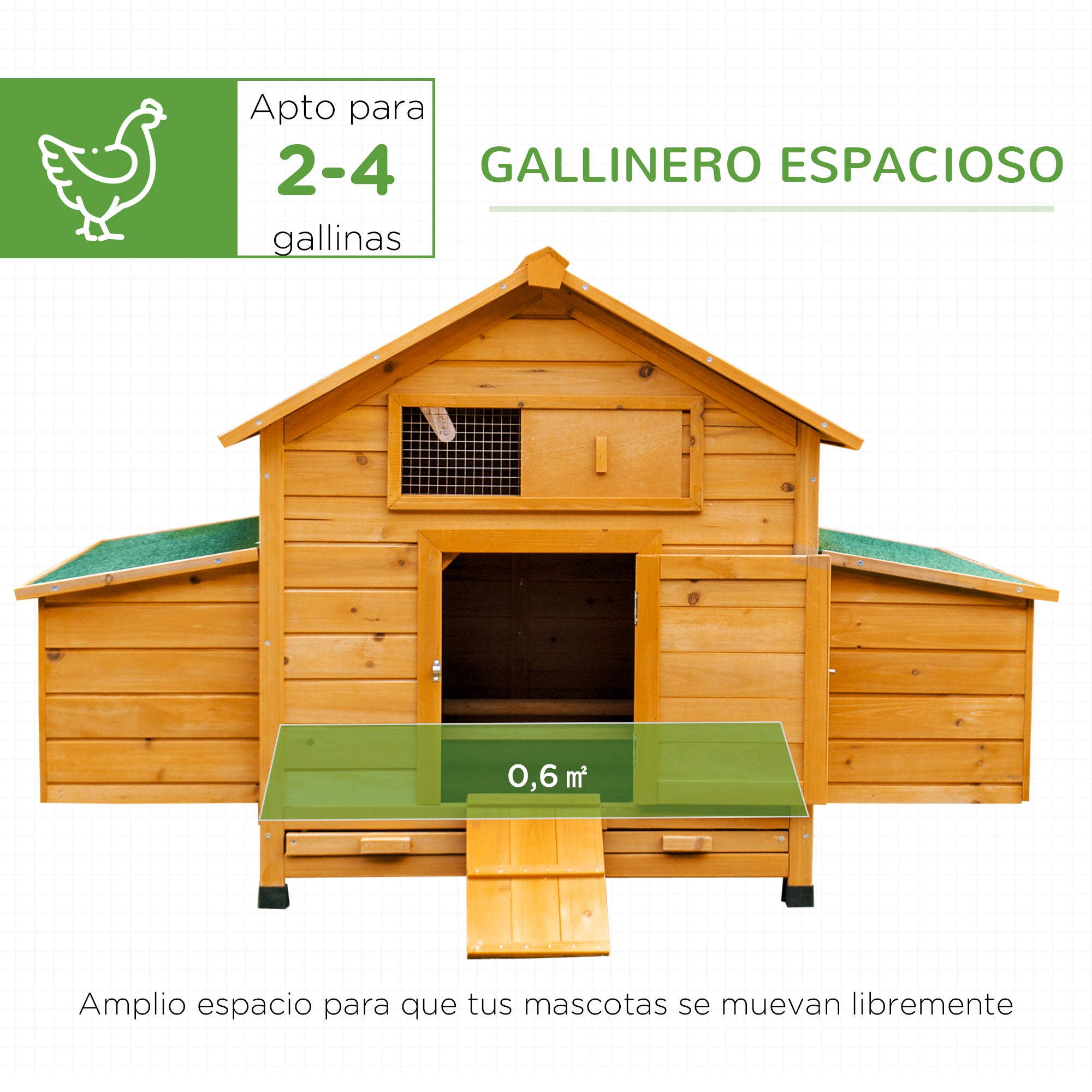 Outdoor Chicken Coop Wooden Chicken Coop for 2-4 Chickens with 2 Nests Removable Tray Hinged Roof 150x100x96.5 cm Natural