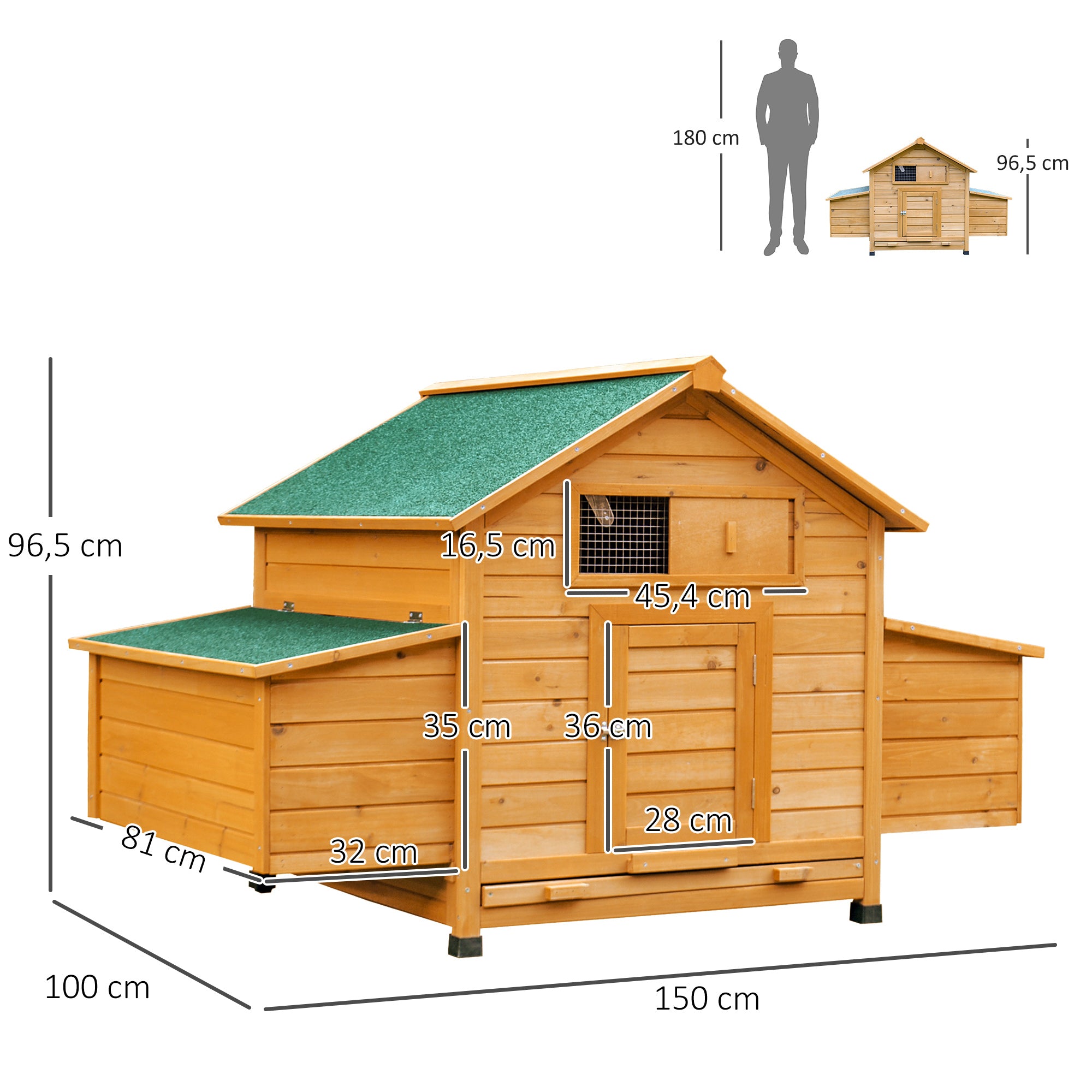 Outdoor Chicken Coop Wooden Chicken Coop for 2-4 Chickens with 2 Nests Removable Tray Hinged Roof 150x100x96.5 cm Natural