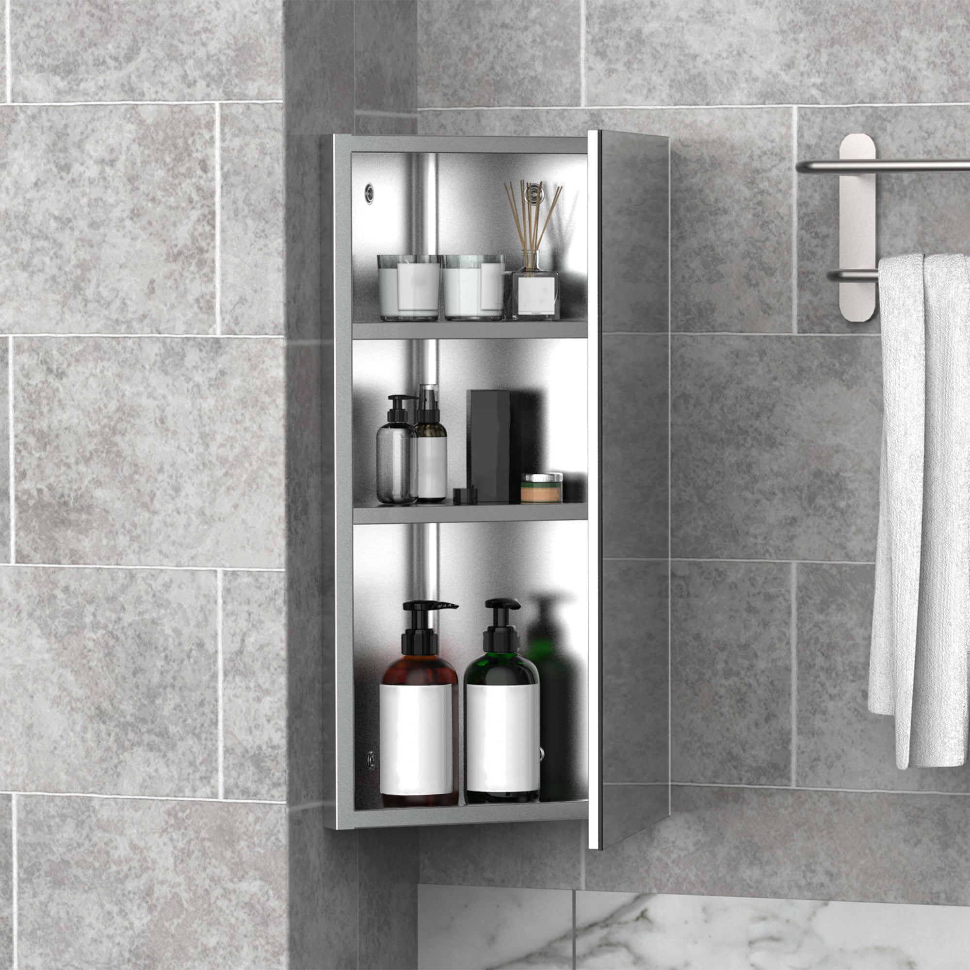 Bathroom Mirror Cabinet Wall-Mounted Corner Toilet Cabinet with 2 Shelves dim. 30W x 18.4D x 60H cm Stainless Steel.