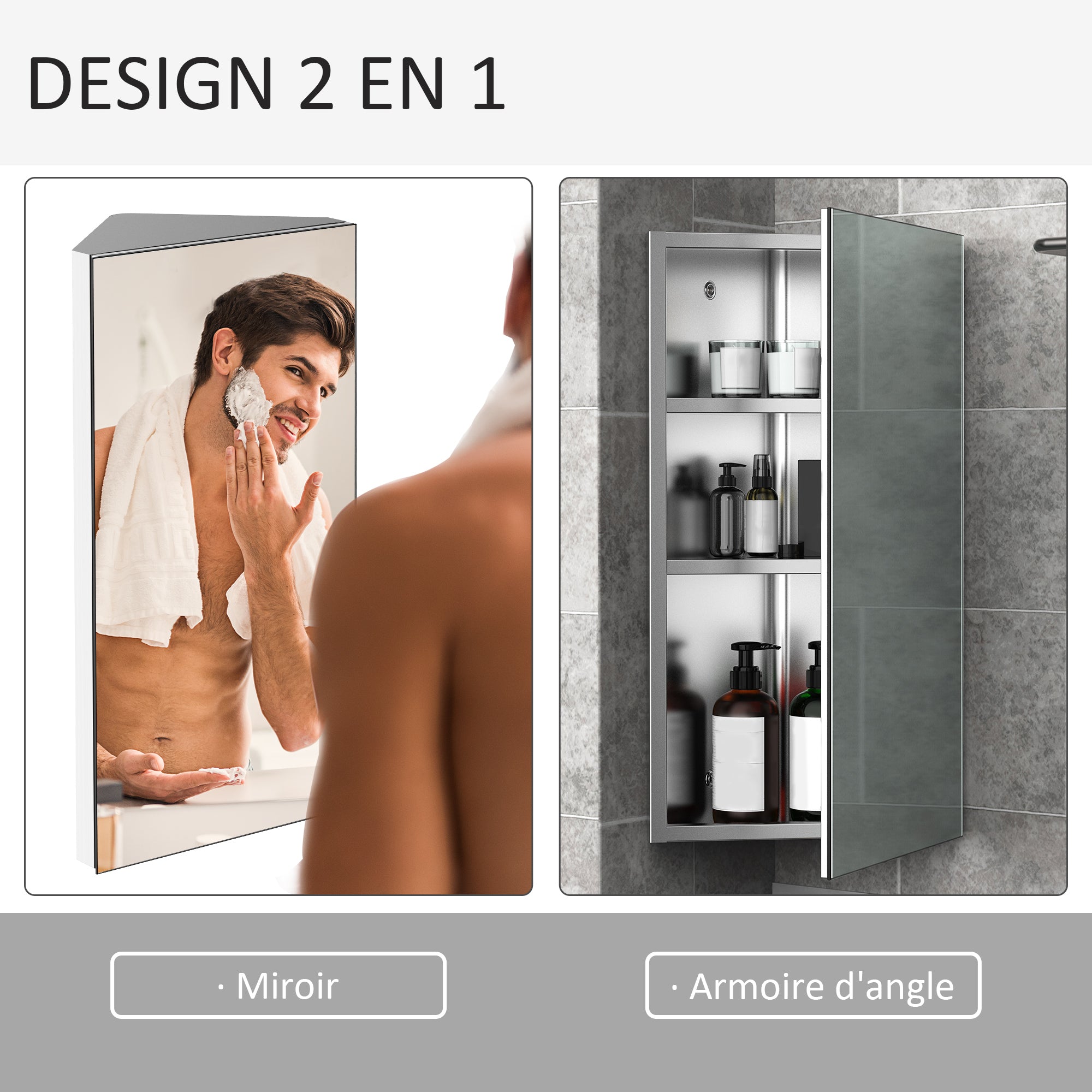 Bathroom Mirror Cabinet Wall-Mounted Corner Toilet Cabinet with 2 Shelves dim. 30W x 18.4D x 60H cm Stainless Steel.