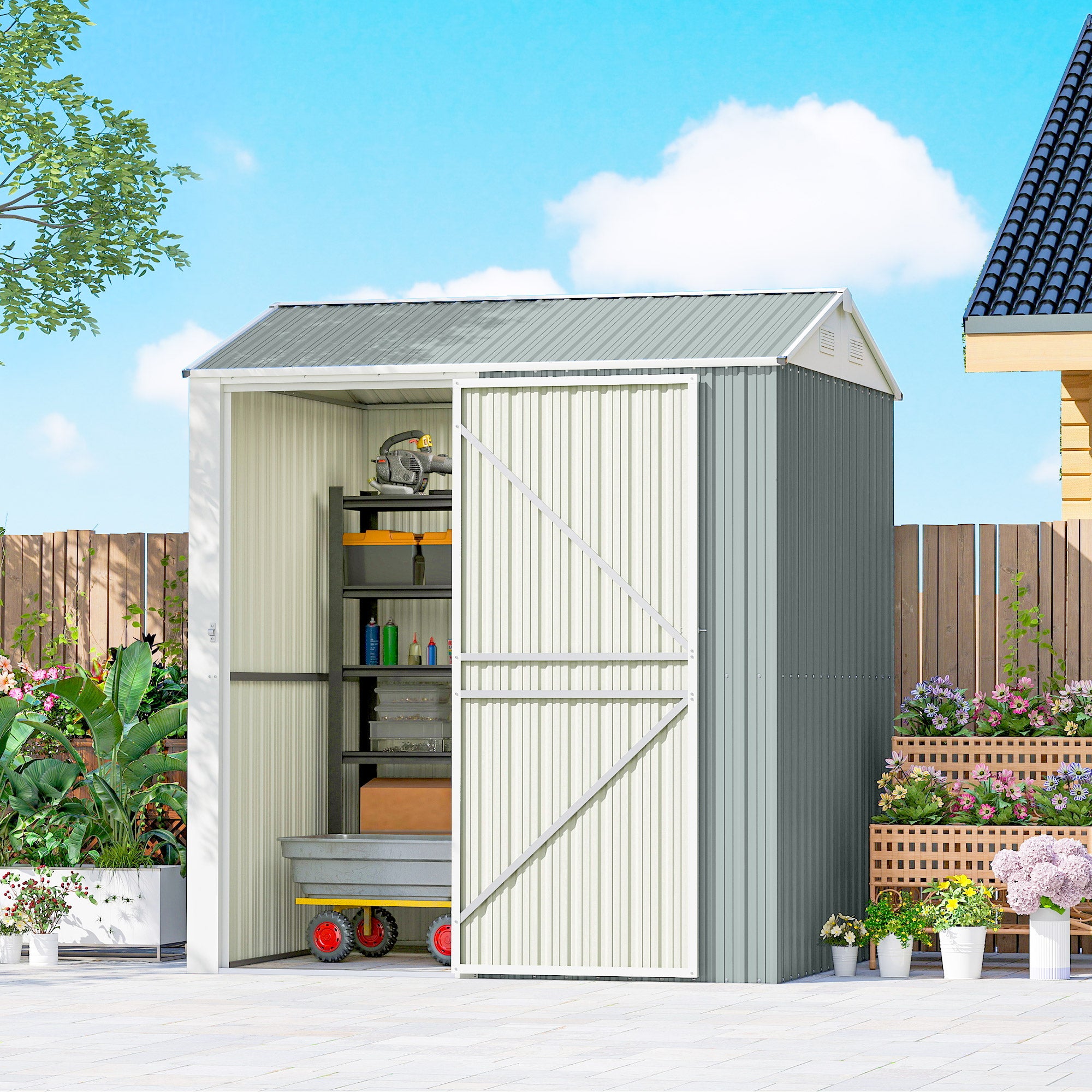 Metal Tool Shed 3.5 m² – Tall Lockable Garden Shed with Gable Roof, Vents & Gloves Included, 209 x 177 x 236 cm, Light Gray