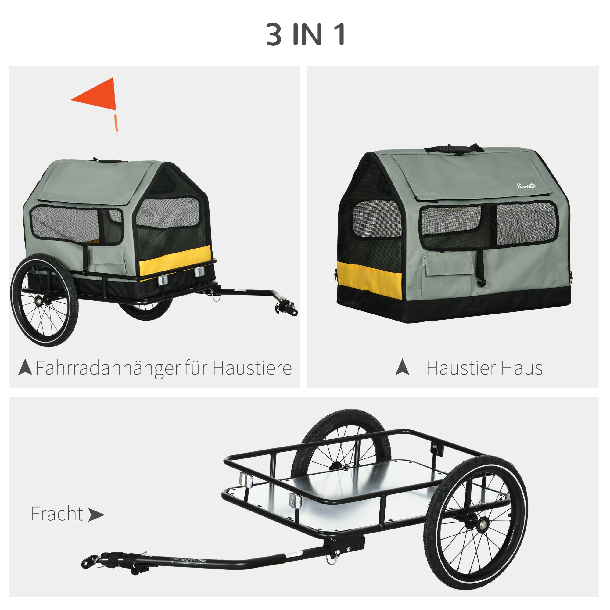 3-in-1 Dog Trailer Pet House, Cargo Trailer Dog Bike Trailer, Dog Wagon with Reflectors for Small Dogs up to 10 kg, Oxford, Gray