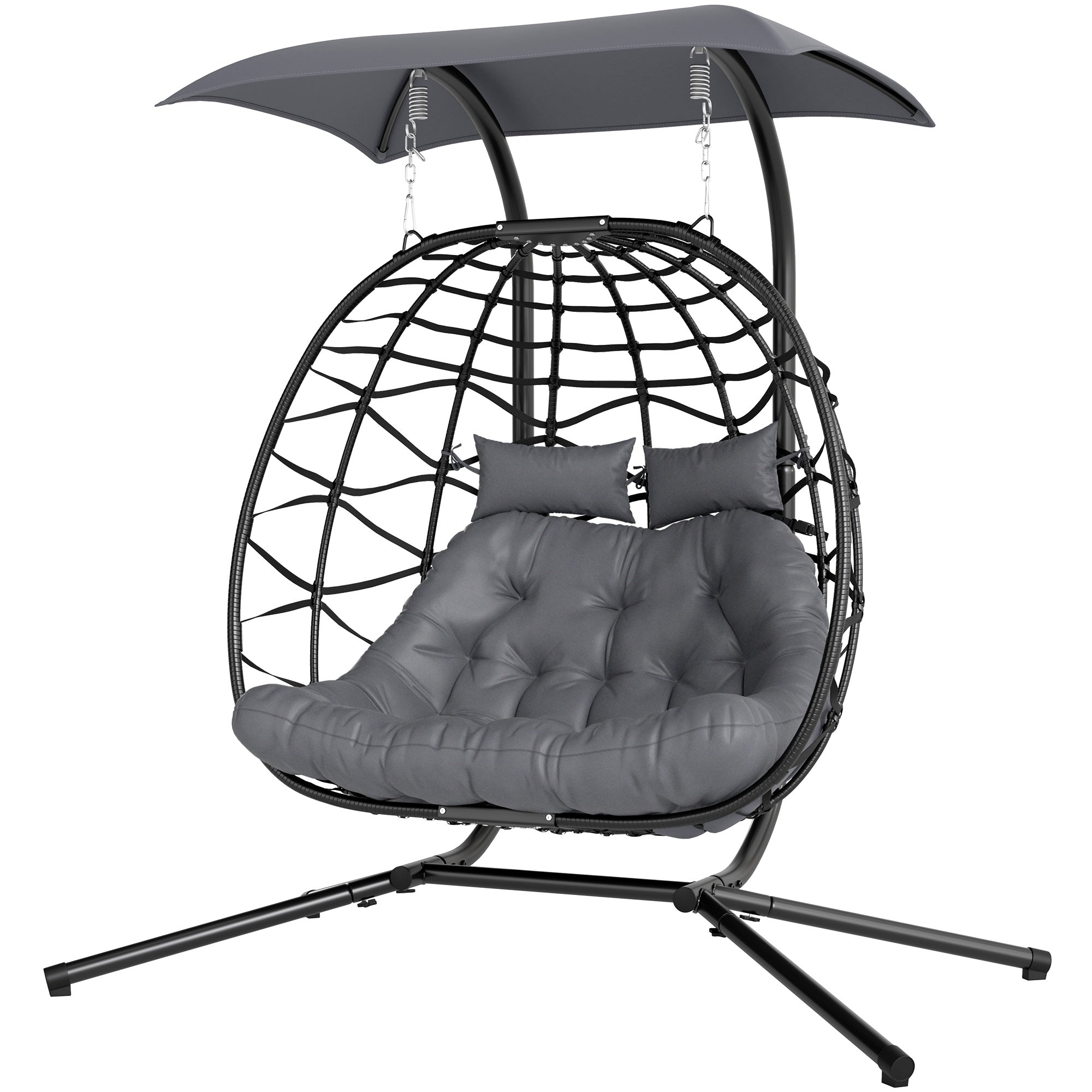 Hanging Chair with Foldable Stand Hanging Basket with Cushion Sunshade Canopy Poly Rattan Hanging Chair for 2 Persons Outdoor Hanging Swing Loadable up to 260kg Chair for Balcony Terrace Dark Gray