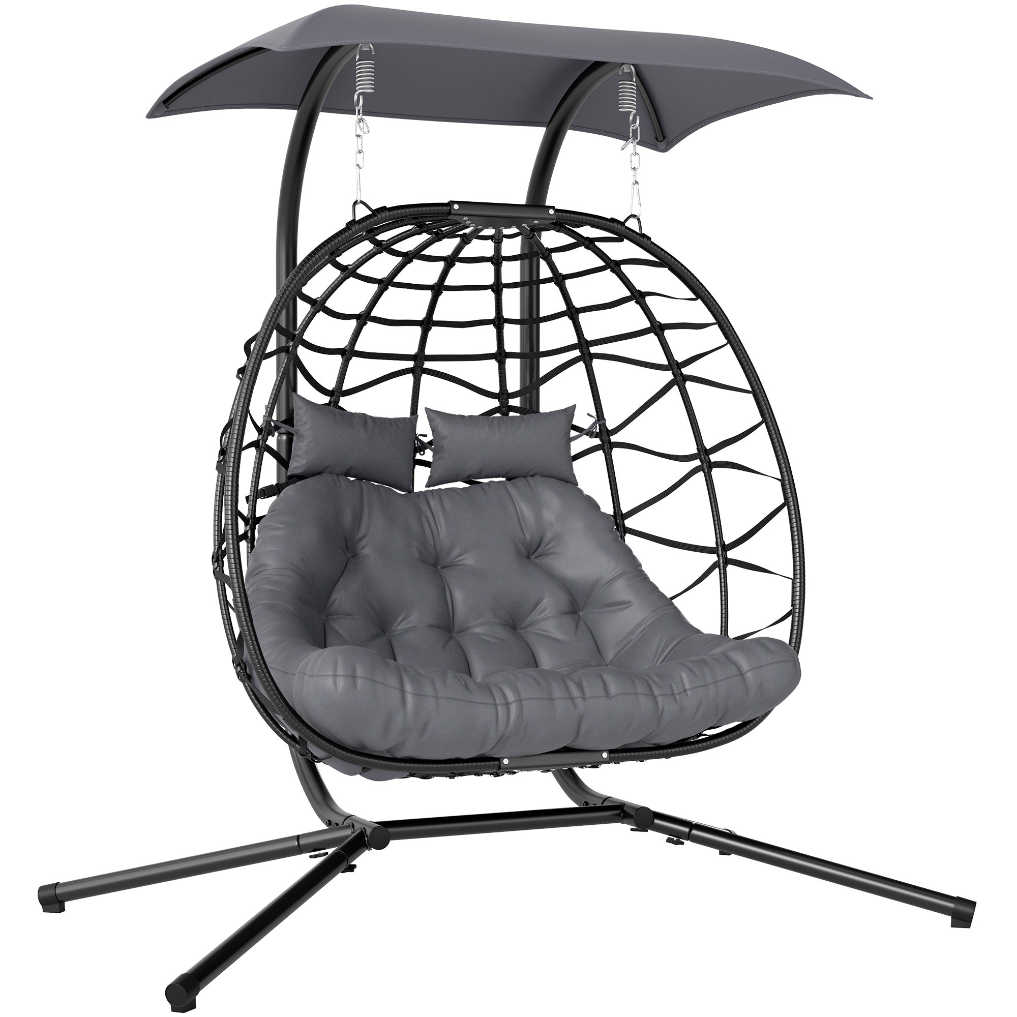 Hanging Chair with Foldable Stand Hanging Basket with Cushion Sunshade Canopy Poly Rattan Hanging Chair for 2 Persons Outdoor Hanging Swing Loadable up to 260kg Chair for Balcony Terrace Dark Gray