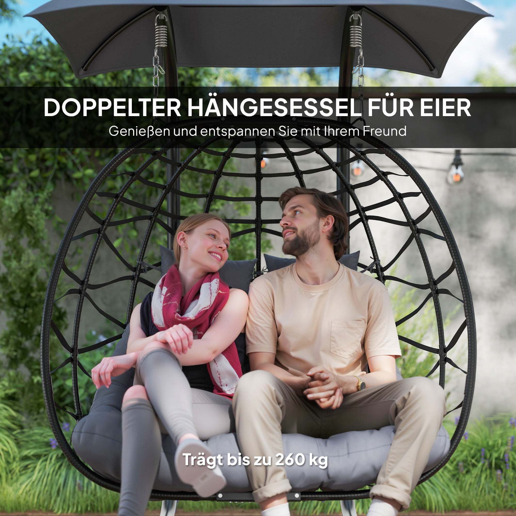 Hanging Chair with Foldable Stand Hanging Basket with Cushion Sunshade Canopy Poly Rattan Hanging Chair for 2 Persons Outdoor Hanging Swing Loadable up to 260kg Chair for Balcony Terrace Dark Gray