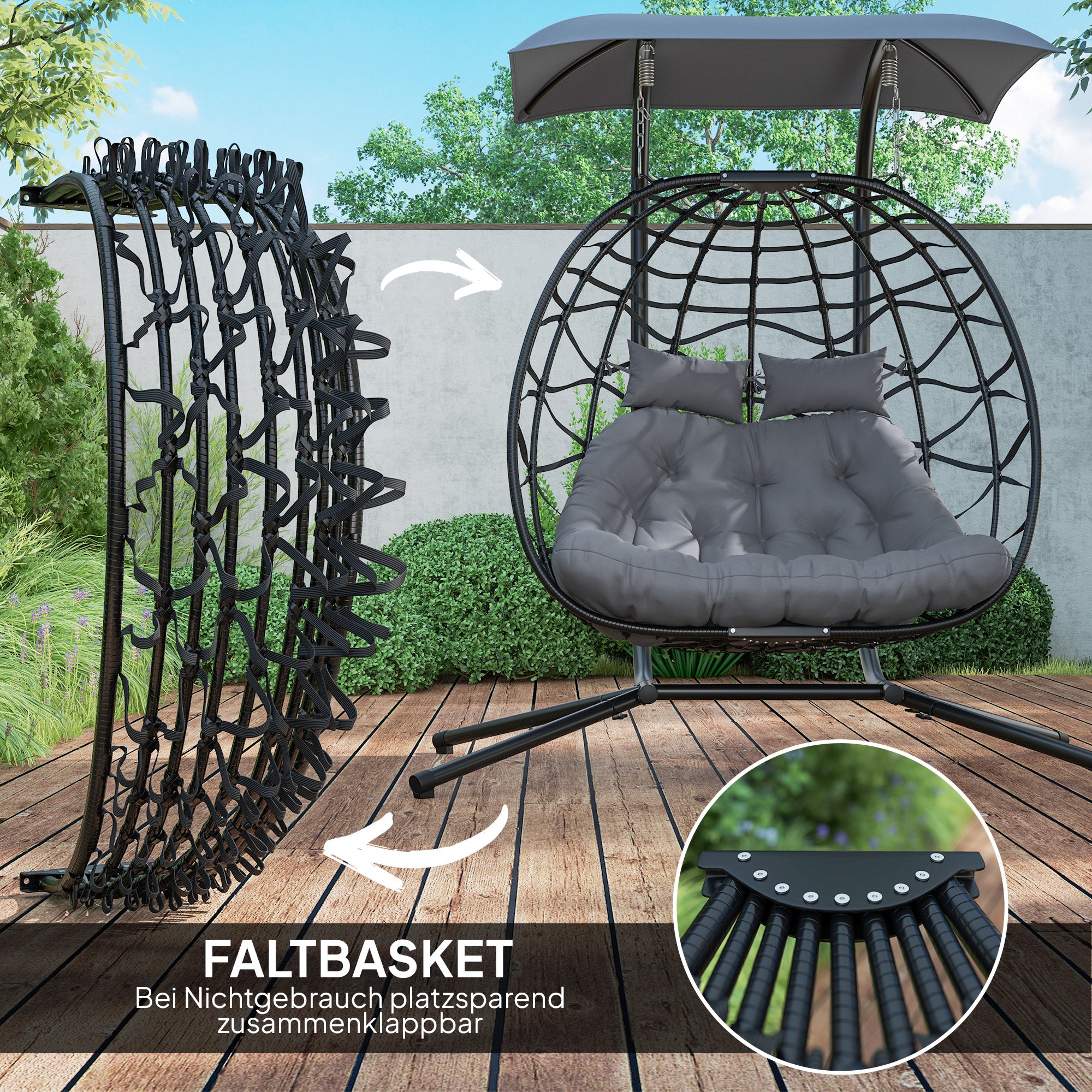 Hanging Chair with Foldable Stand Hanging Basket with Cushion Sunshade Canopy Poly Rattan Hanging Chair for 2 Persons Outdoor Hanging Swing Loadable up to 260kg Chair for Balcony Terrace Dark Gray