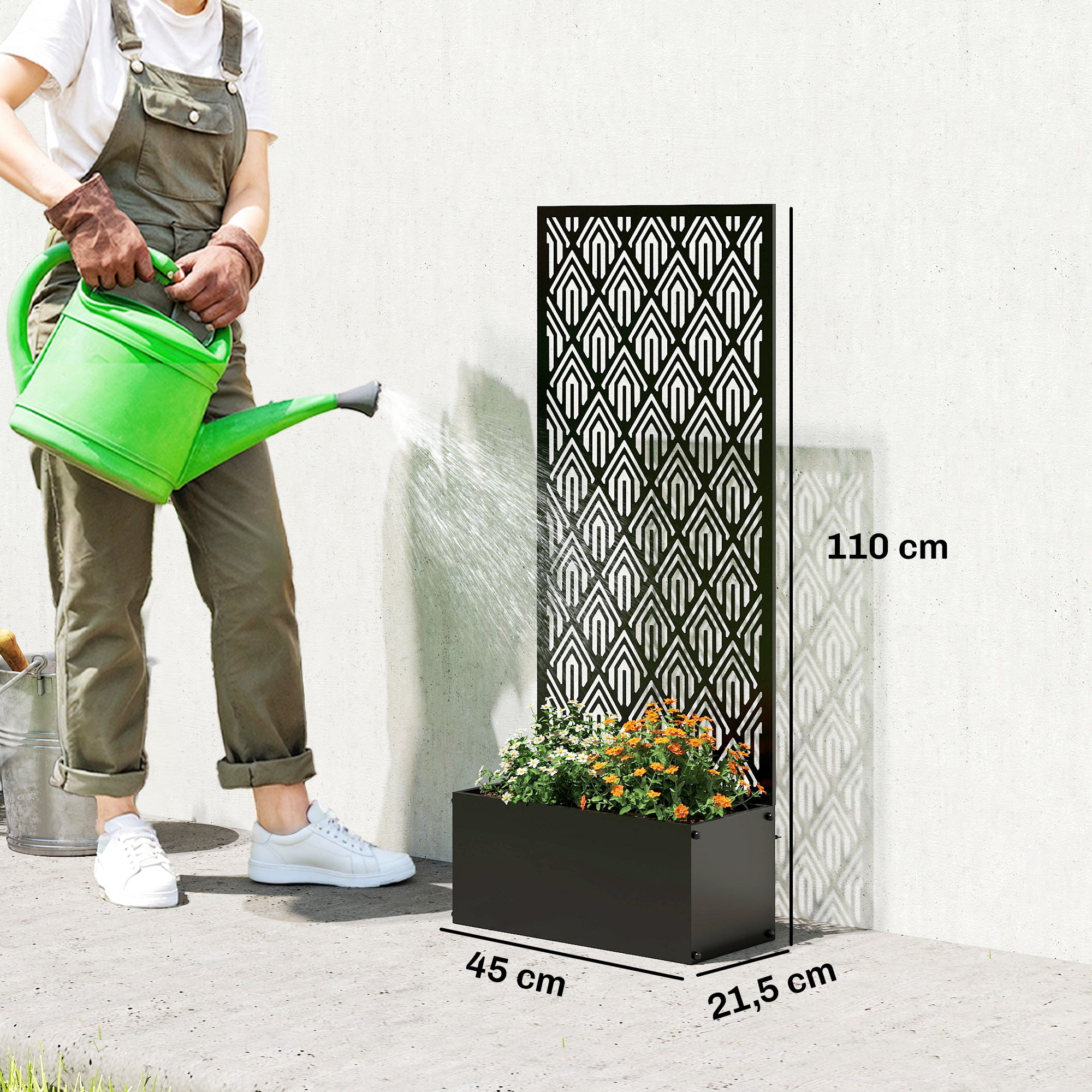 Planter with Trellis — Metal Raised Flower Bed with Privacy Screen for Climbing Plants, Vegetables & Flowers, Indoor/Outdoor, Patio/Balcony, 45 x 21.5 x 110 cm, Black