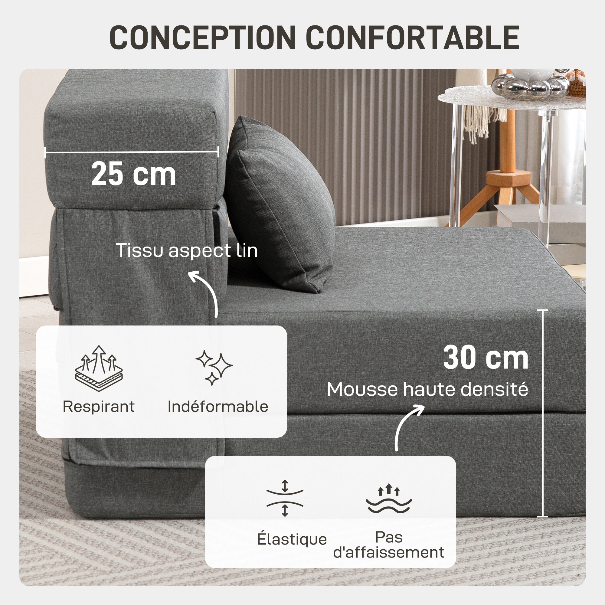 1-Seater Convertible Armchair Bed Folding Chair 1-Seater 3-in-1 with Padded Seat, Included Cushion, Portable Floor Chair for Guests, Living Room, Small Space, Load 120 kg, Gray