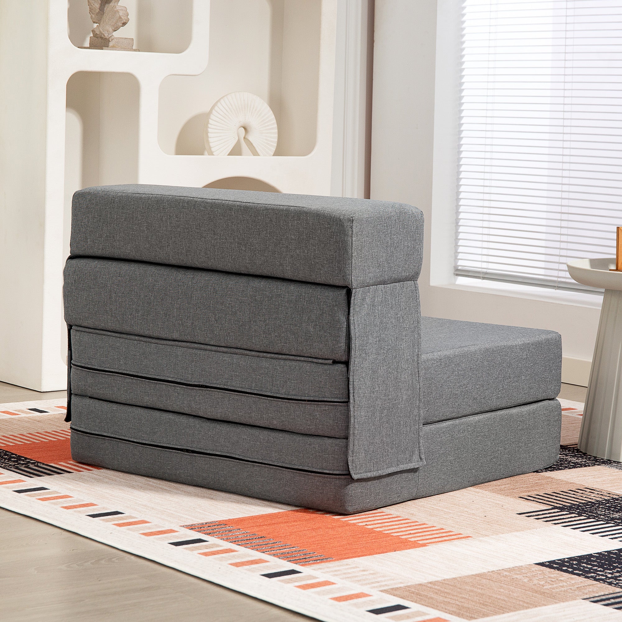 1-Seater Convertible Armchair Bed Folding Chair 1-Seater 3-in-1 with Padded Seat, Included Cushion, Portable Floor Chair for Guests, Living Room, Small Space, Load 120 kg, Gray