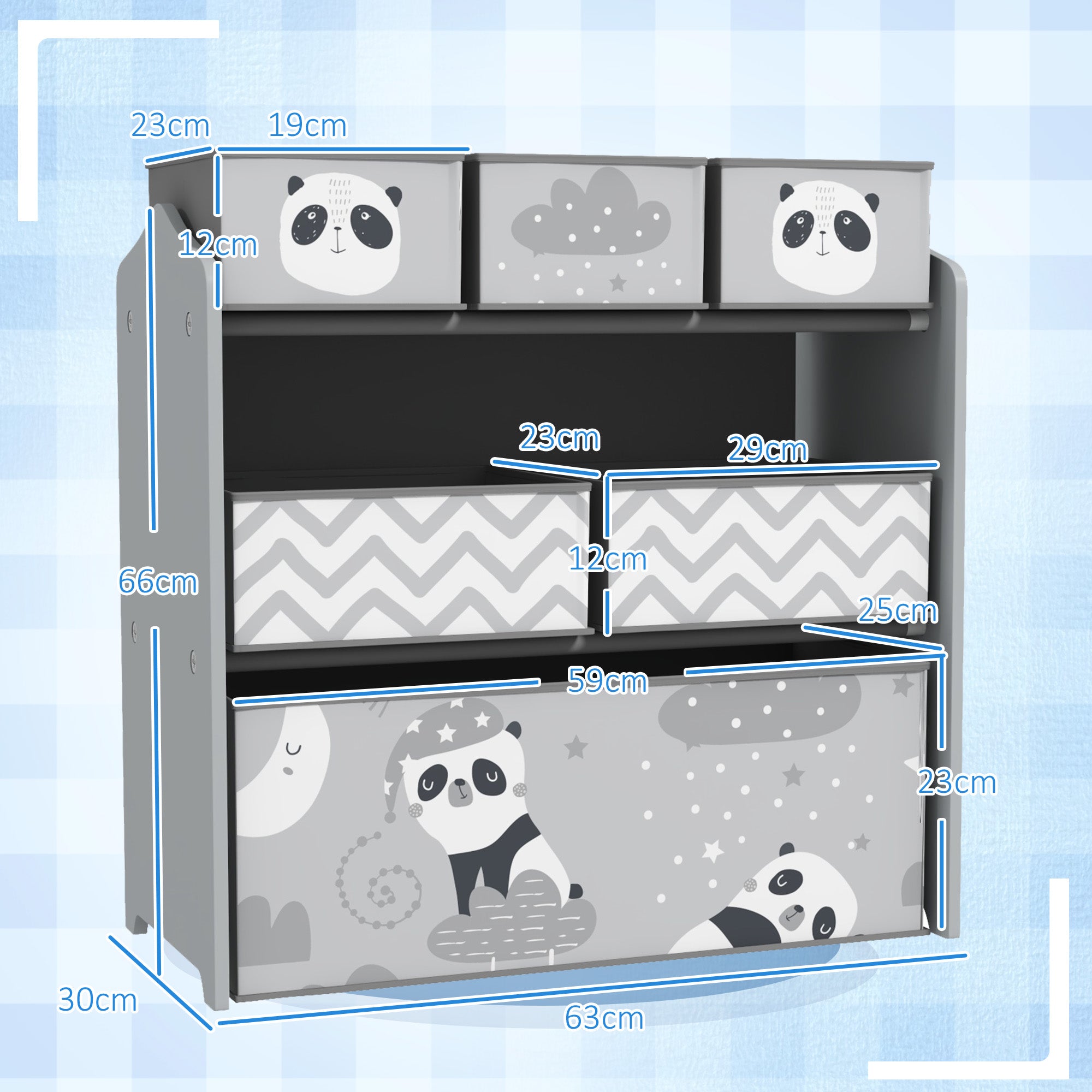 ZONEKIZ Toy Shelf with 6 Non-woven Fabric Removable Boxes Toy Organizer for Kids 3-8 Years for Bedroom Nursery 63x30x66 cm Gray and White