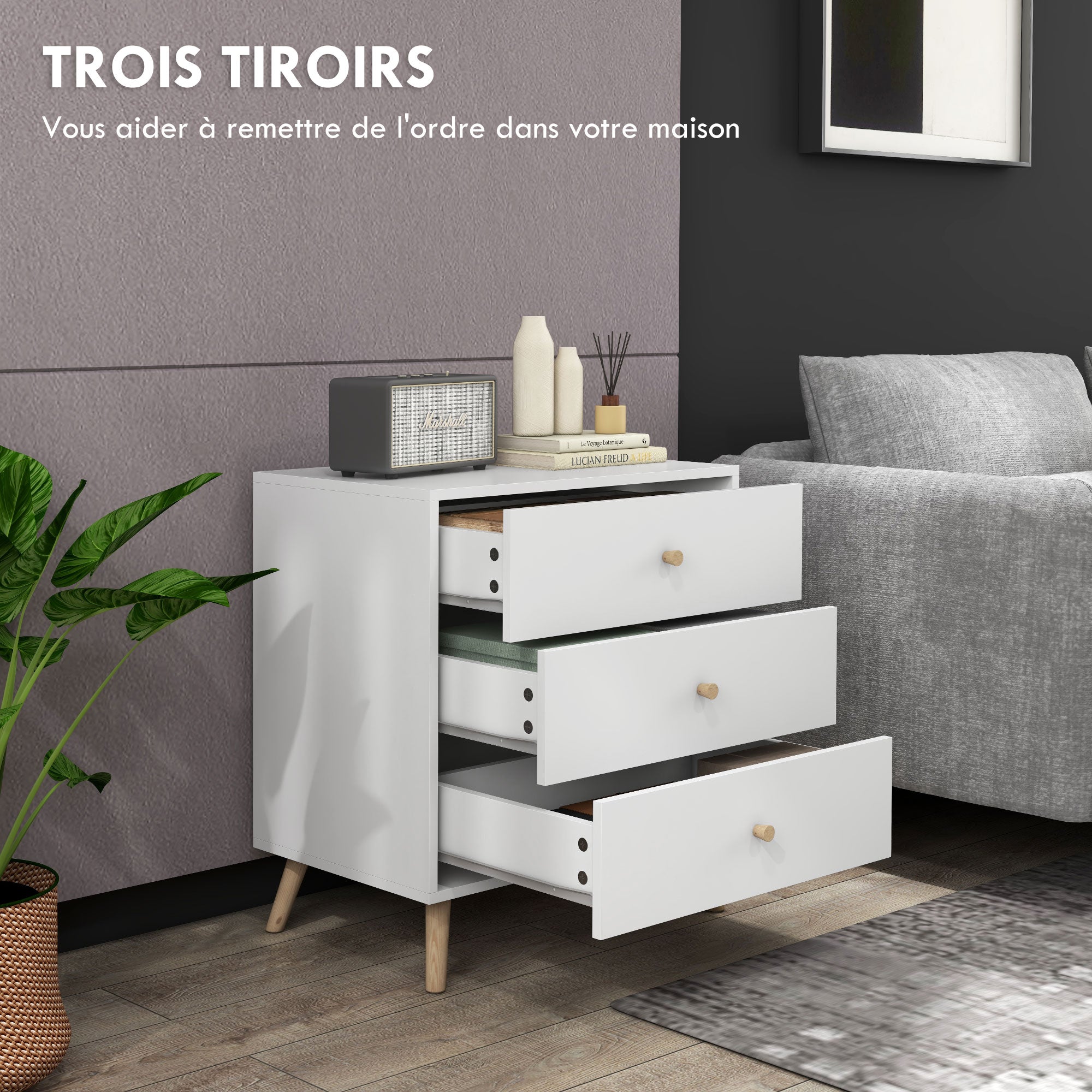 Scandinavian Design 3-Drawer Chest of Drawers White Handle Tapered Solid Pine Legs Storage Unit