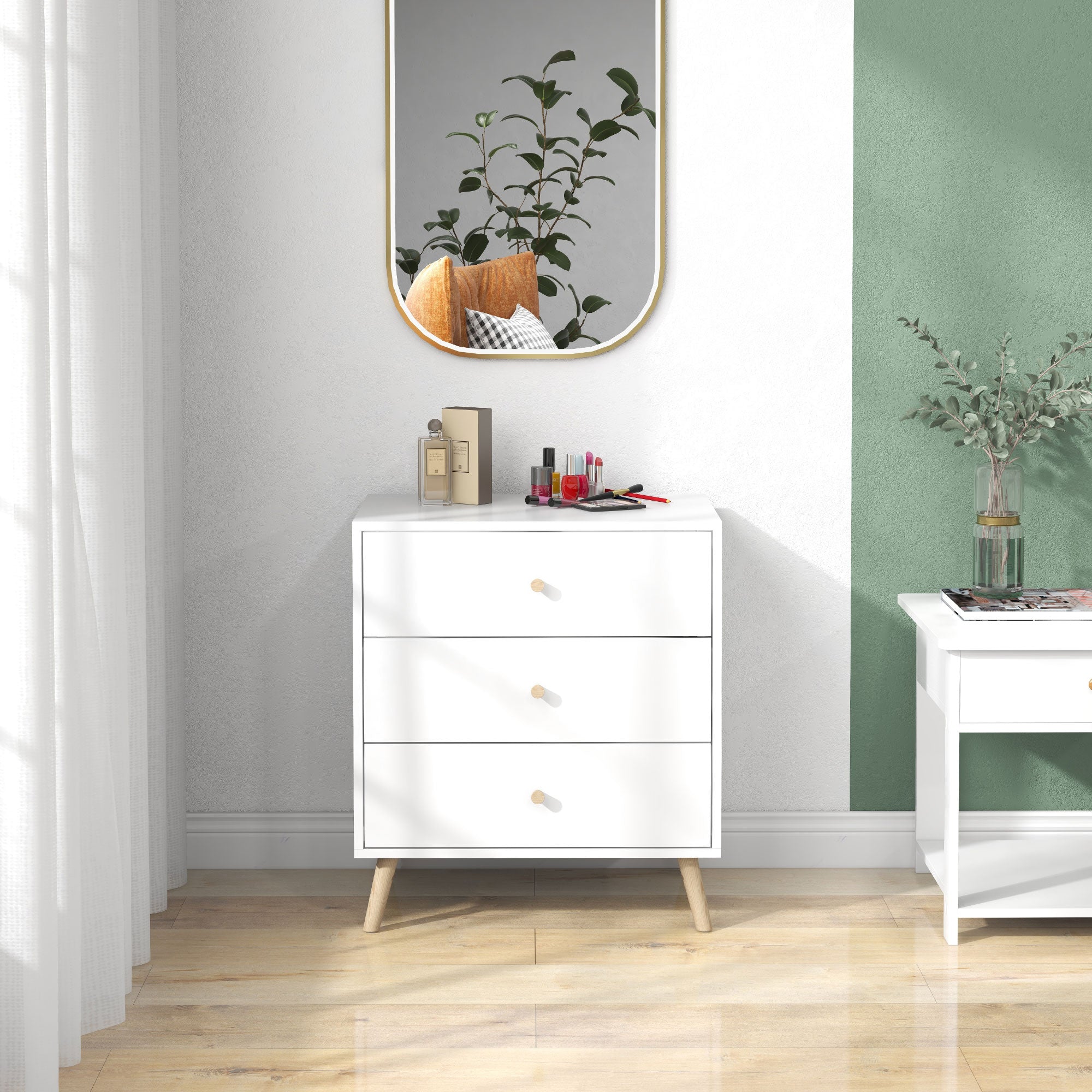 Scandinavian Design 3-Drawer Chest of Drawers White Handle Tapered Solid Pine Legs Storage Unit