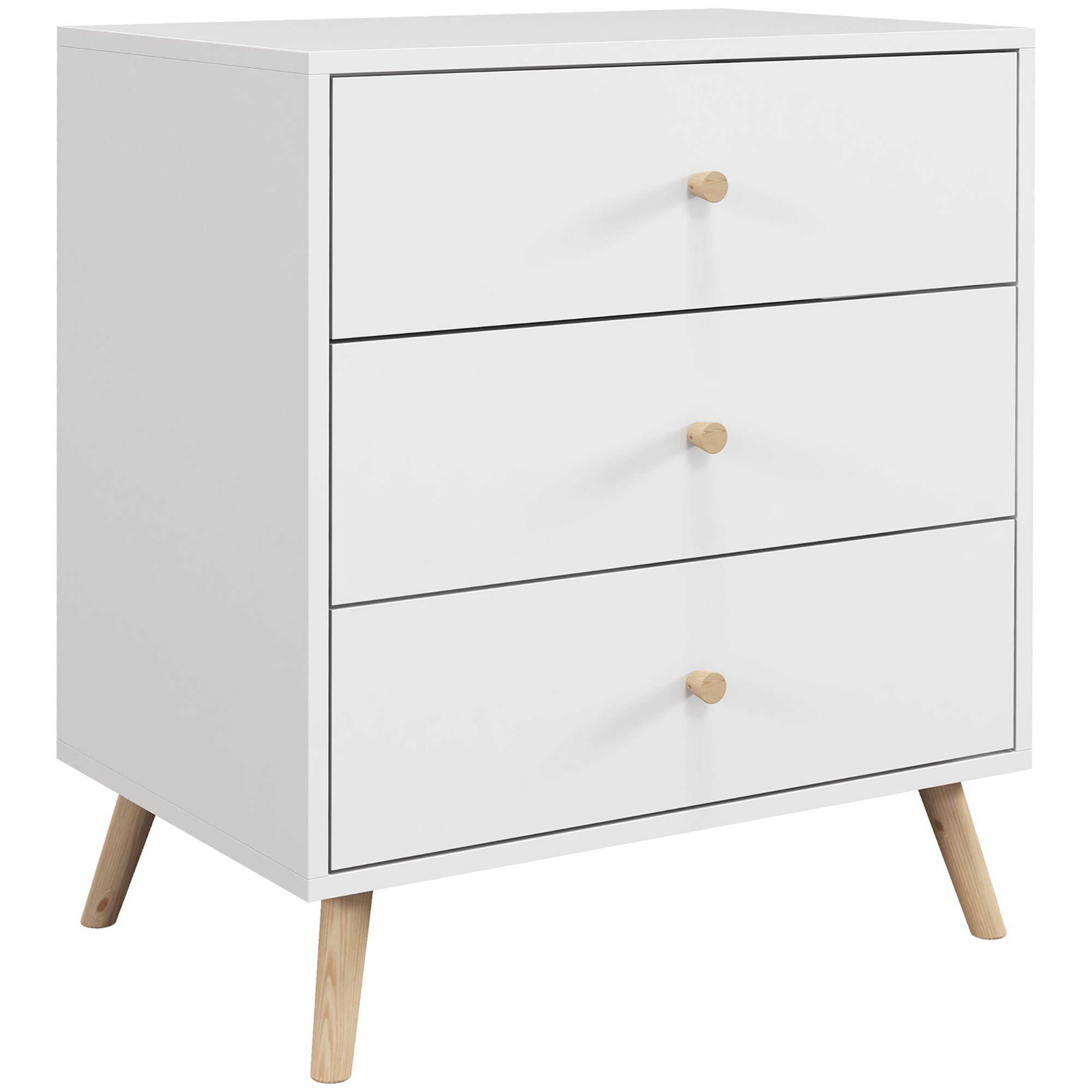 Scandinavian Design 3-Drawer Chest of Drawers White Handle Tapered Solid Pine Legs Storage Unit