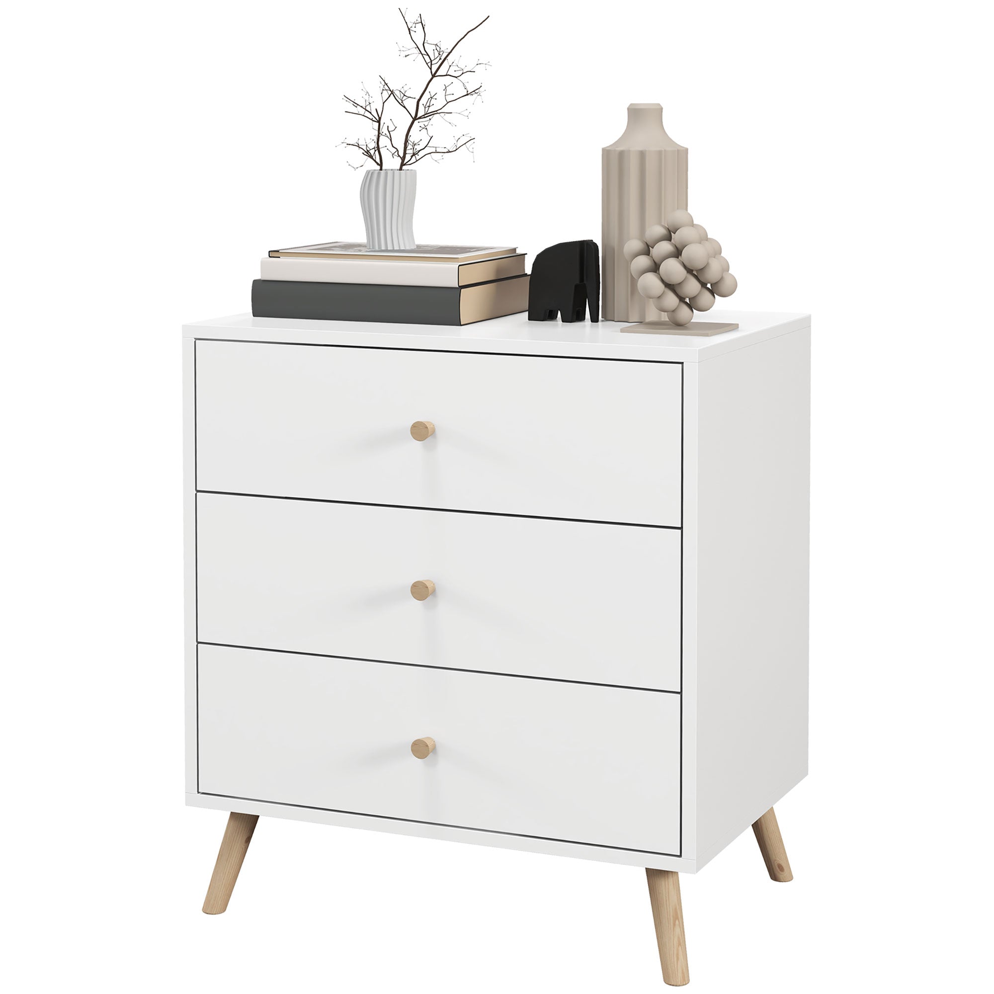 Scandinavian Design 3-Drawer Chest of Drawers White Handle Tapered Solid Pine Legs Storage Unit