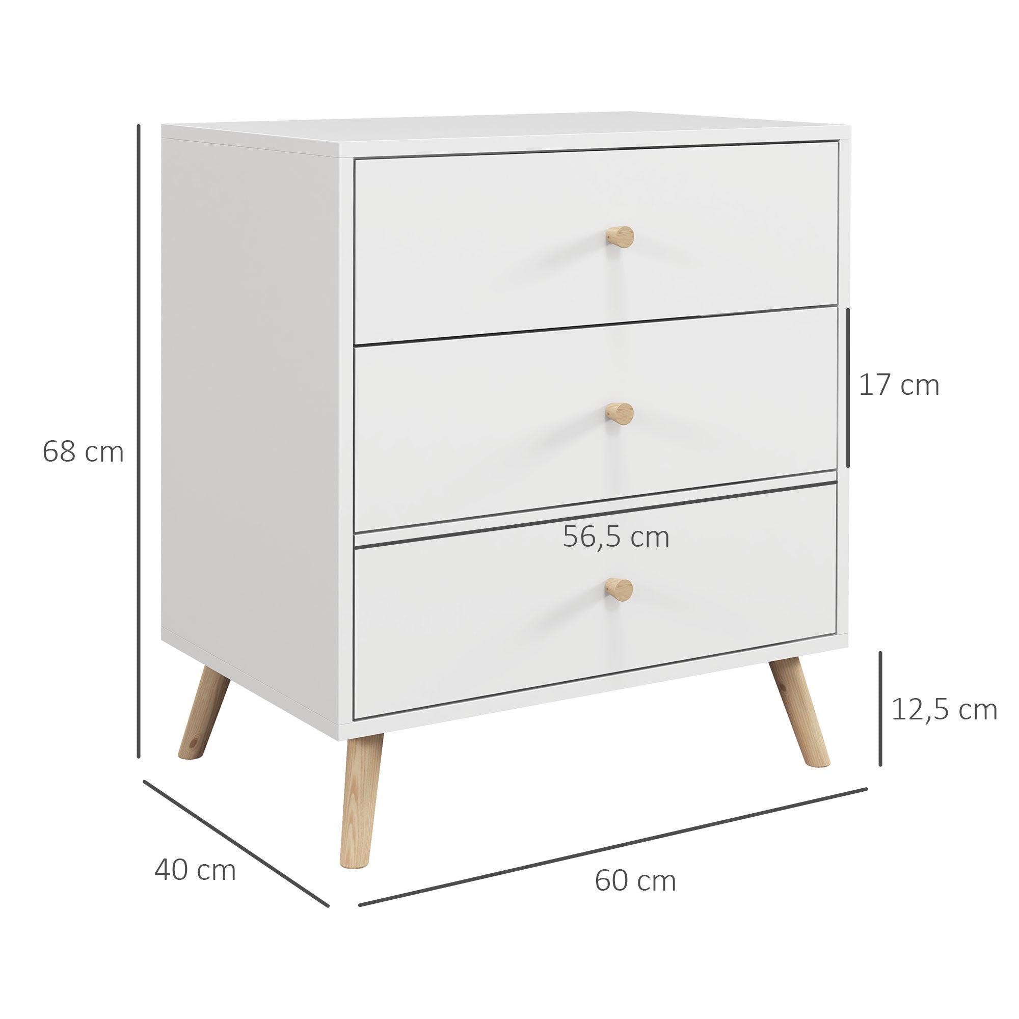 Scandinavian Design 3-Drawer Chest of Drawers White Handle Tapered Solid Pine Legs Storage Unit