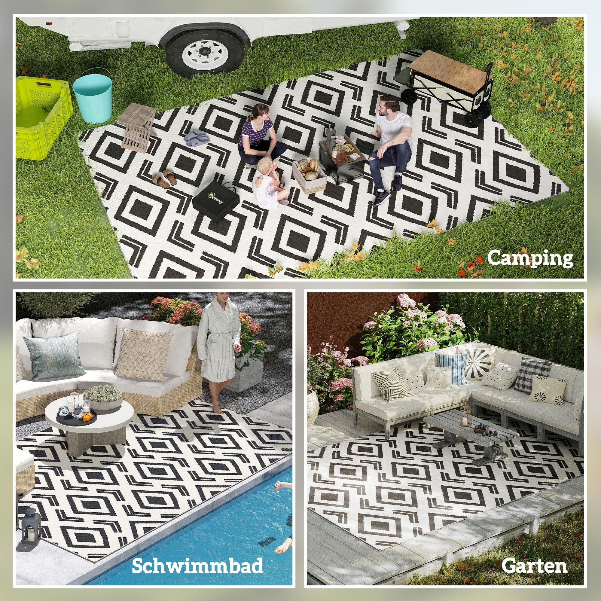 Outdoor Carpet Durable Weatherproof Outdoor Rug with Carry Bag, Foldable Boho-Style Carpet, Outdoor Rug for Living Room Balcony Garden Patio Bathroom Hall Kitchen, 182 x 274 cm Black+White