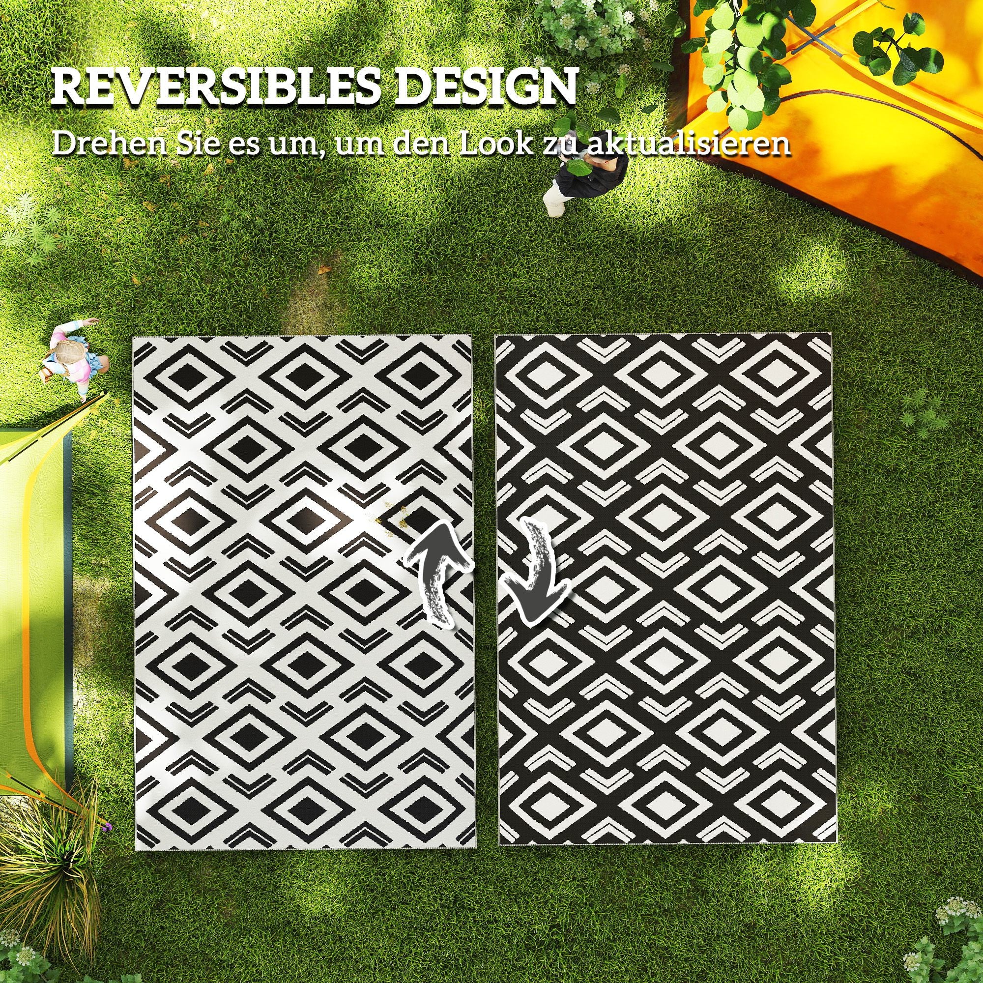 Outdoor Carpet Durable Weatherproof Outdoor Rug with Carry Bag, Foldable Boho-Style Carpet, Outdoor Rug for Living Room Balcony Garden Patio Bathroom Hall Kitchen, 182 x 274 cm Black+White