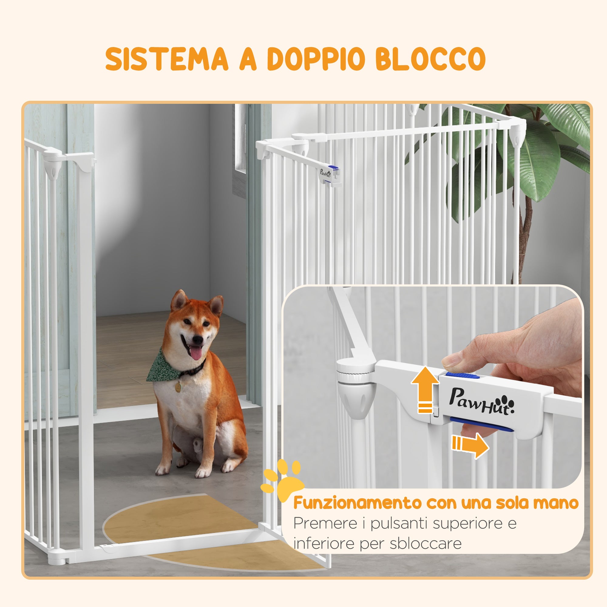 Medium and Large Foldable Dog Gate with Double Safety Lock, Modular Metal and Plastic Safety Gate, 123x102x100 cm, White