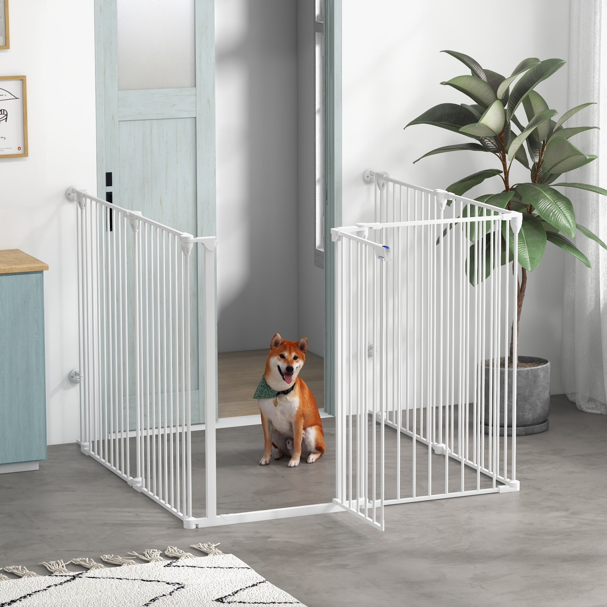 Medium and Large Foldable Dog Gate with Double Safety Lock, Modular Metal and Plastic Safety Gate, 123x102x100 cm, White