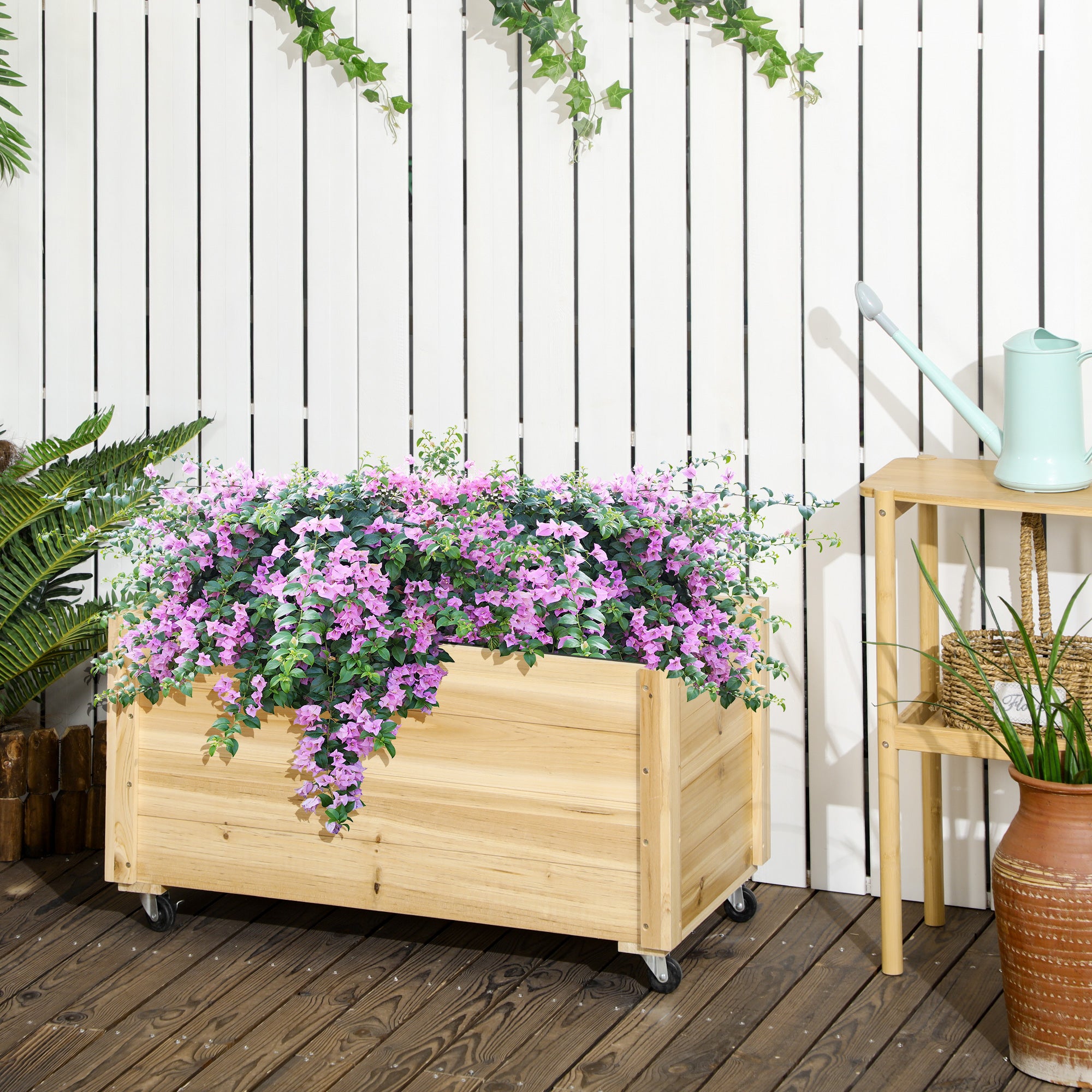 Wooden Planter with Wheels Garden Planter Cultivation Planter with Drainage Holes and Non-woven Fabric for Growing Flowers Plants Outdoor Balcony Terrace 89x48x47 cm Natural