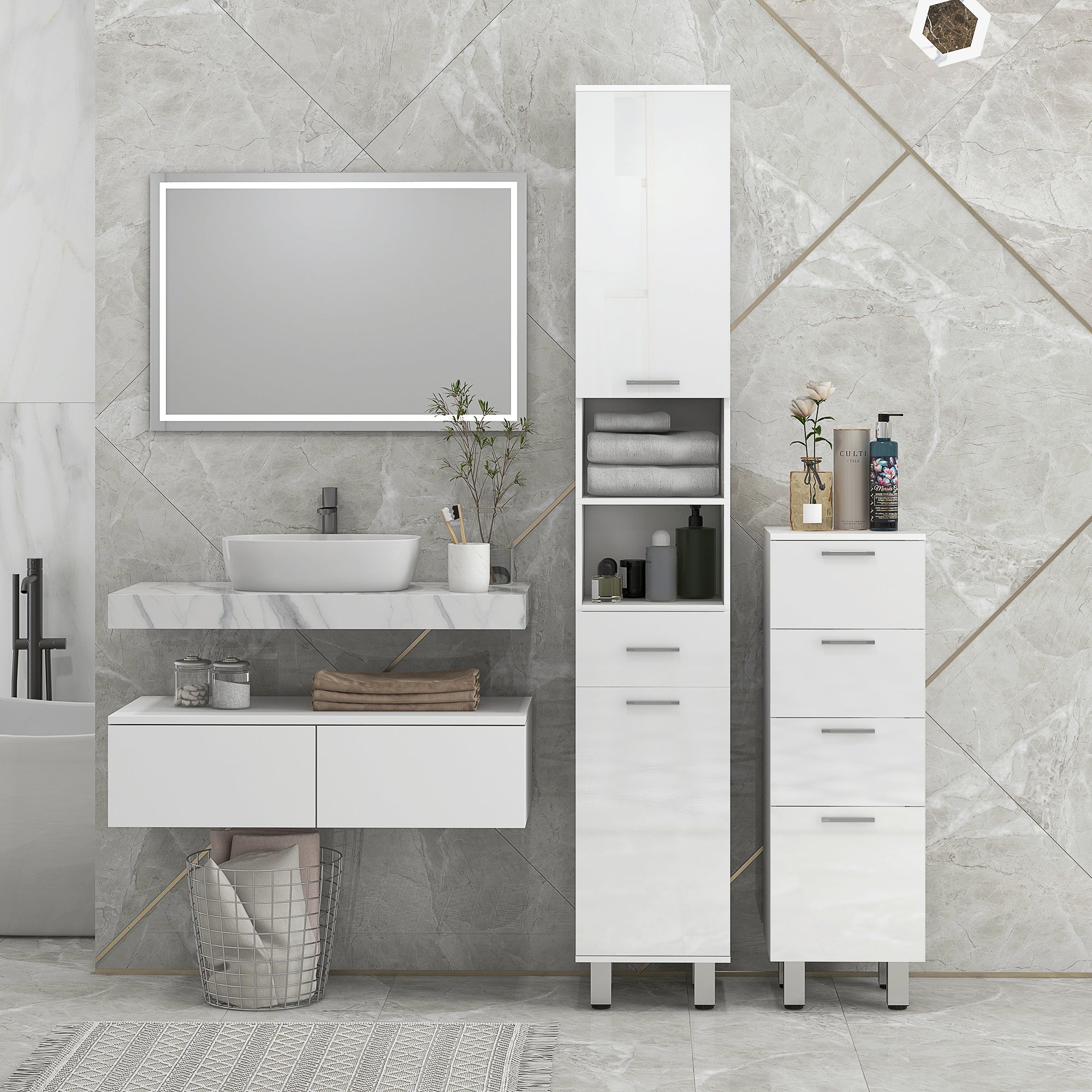 Modern Bathroom Cabinet with 1 Drawer, 3 Adjustable Shelves, and 2 Cabinets Storage Cabinet for Living Room Bedroom 30x30x180 cm White Gloss