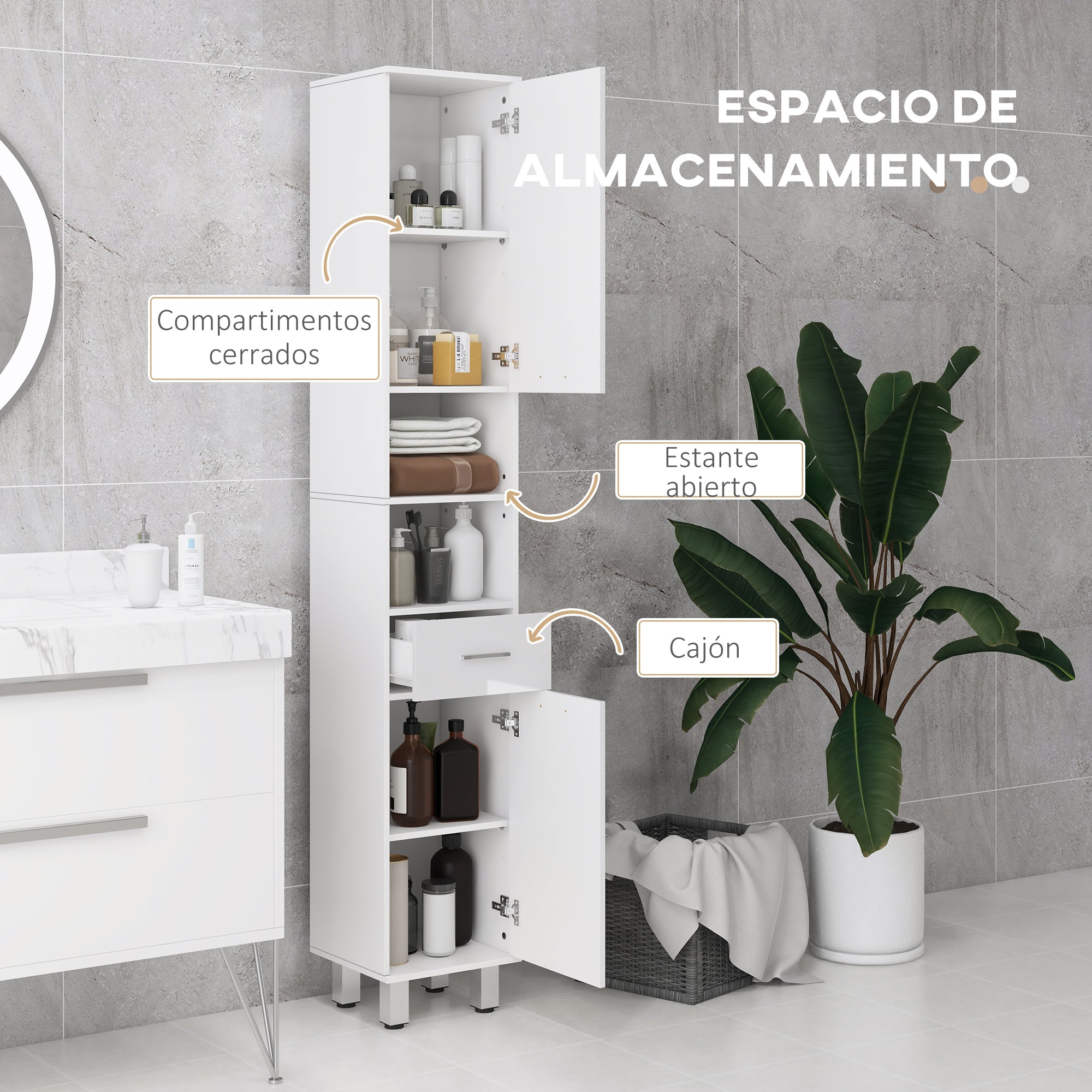 Modern Bathroom Cabinet with 1 Drawer, 3 Adjustable Shelves, and 2 Cabinets Storage Cabinet for Living Room Bedroom 30x30x180 cm White Gloss
