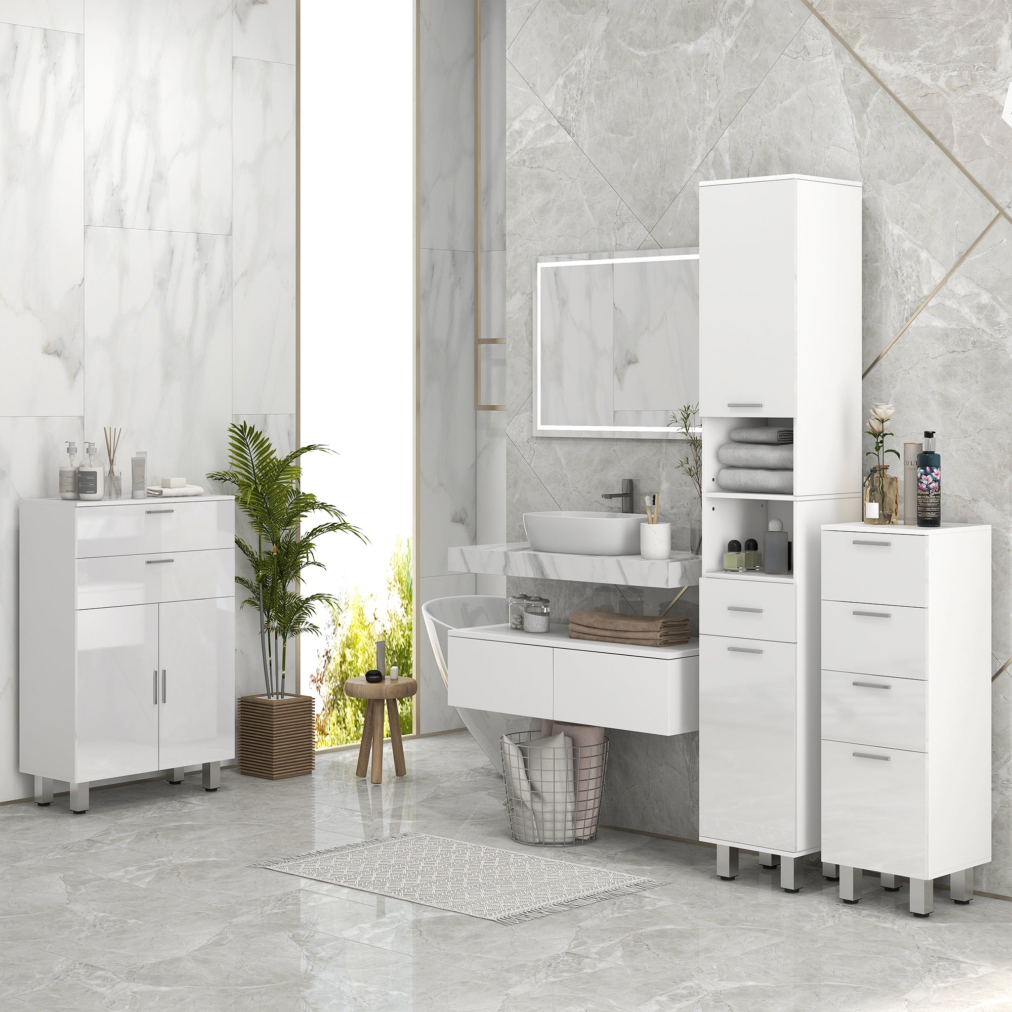 Modern Bathroom Cabinet with 1 Drawer, 3 Adjustable Shelves, and 2 Cabinets Storage Cabinet for Living Room Bedroom 30x30x180 cm White Gloss