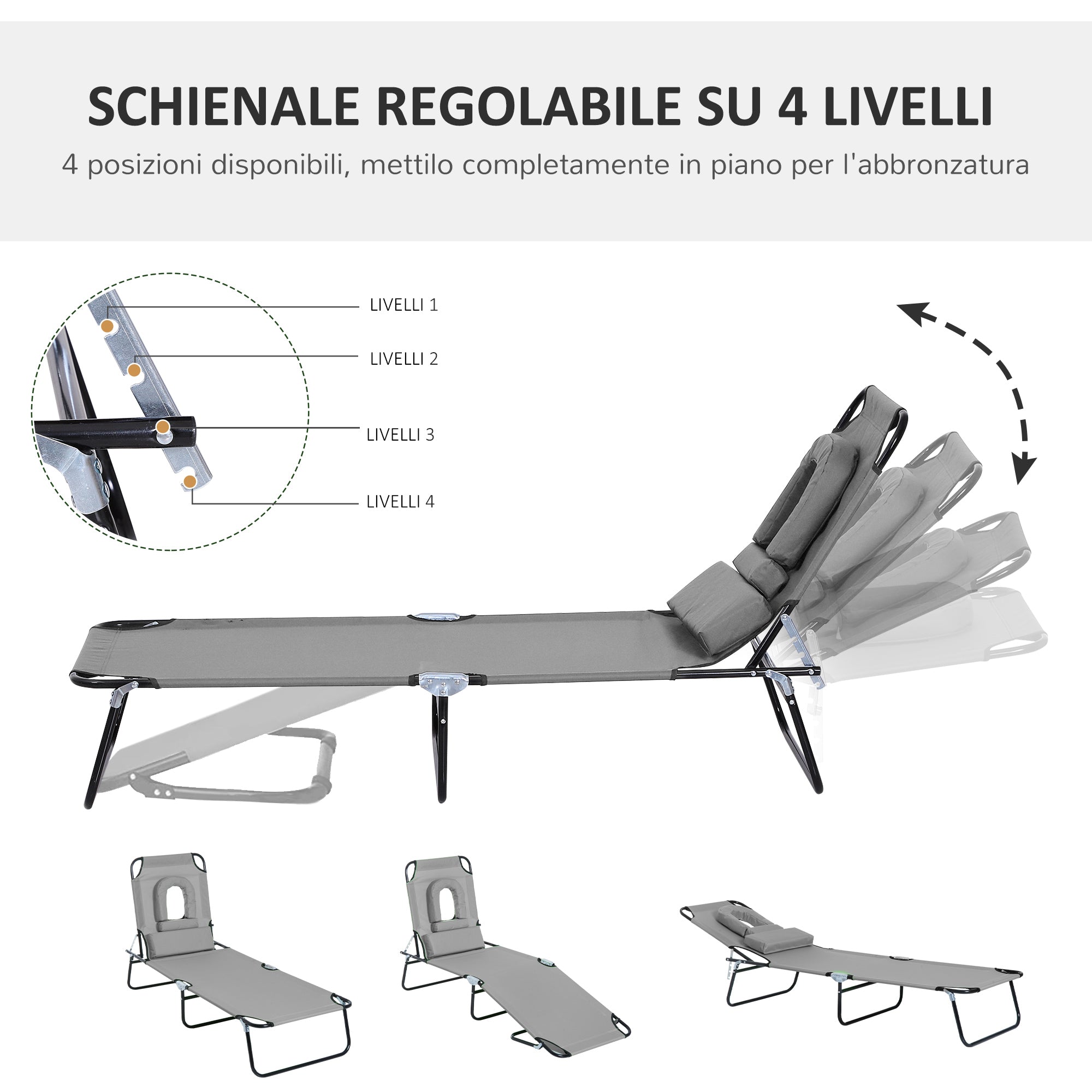 Outdoor Folding Sun Lounger Chair with Face Hole and Cushion, Sun Lounger for Garden, Beach, and Camping, Gray
