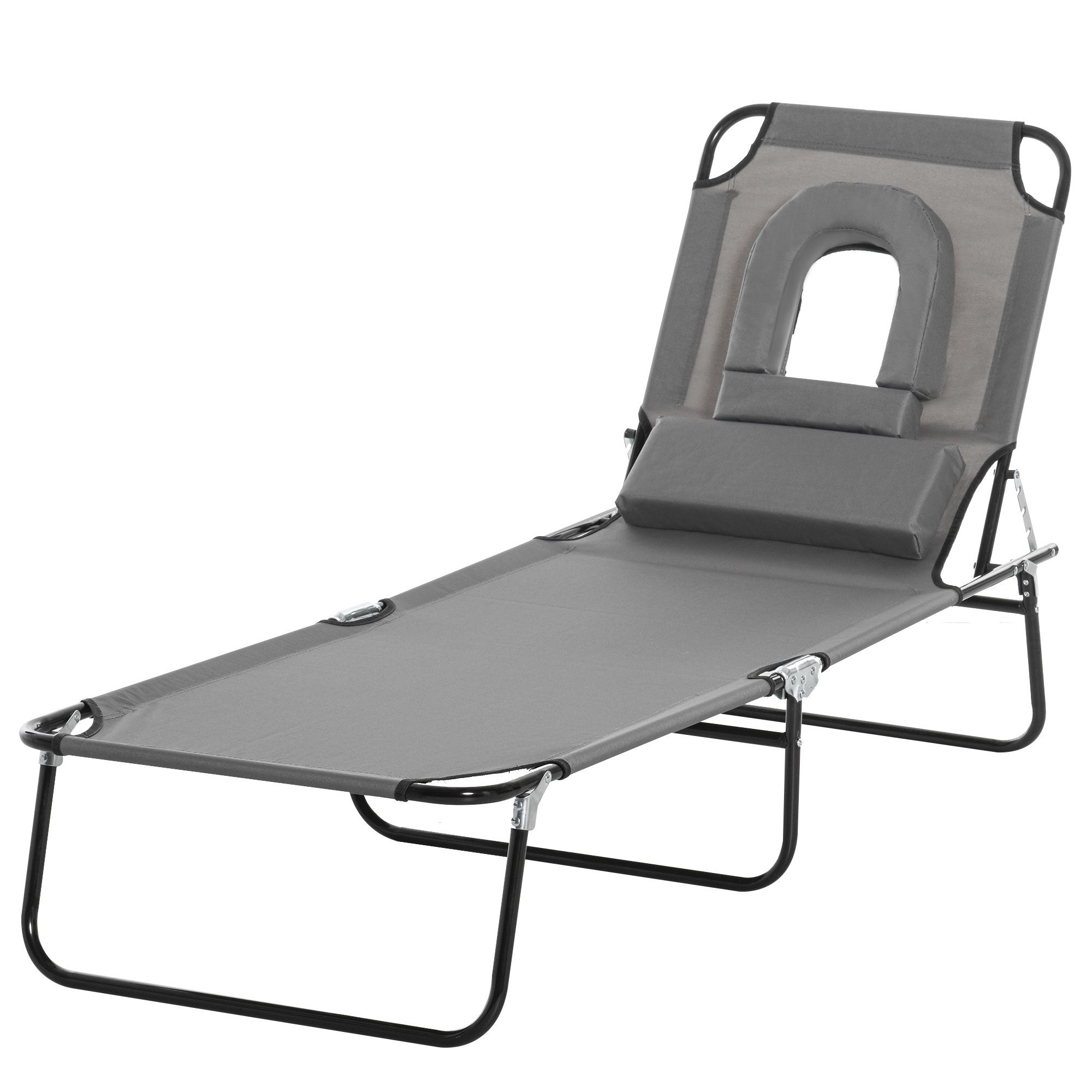 Outdoor Folding Sun Lounger Chair with Face Hole and Cushion, Sun Lounger for Garden, Beach, and Camping, Gray