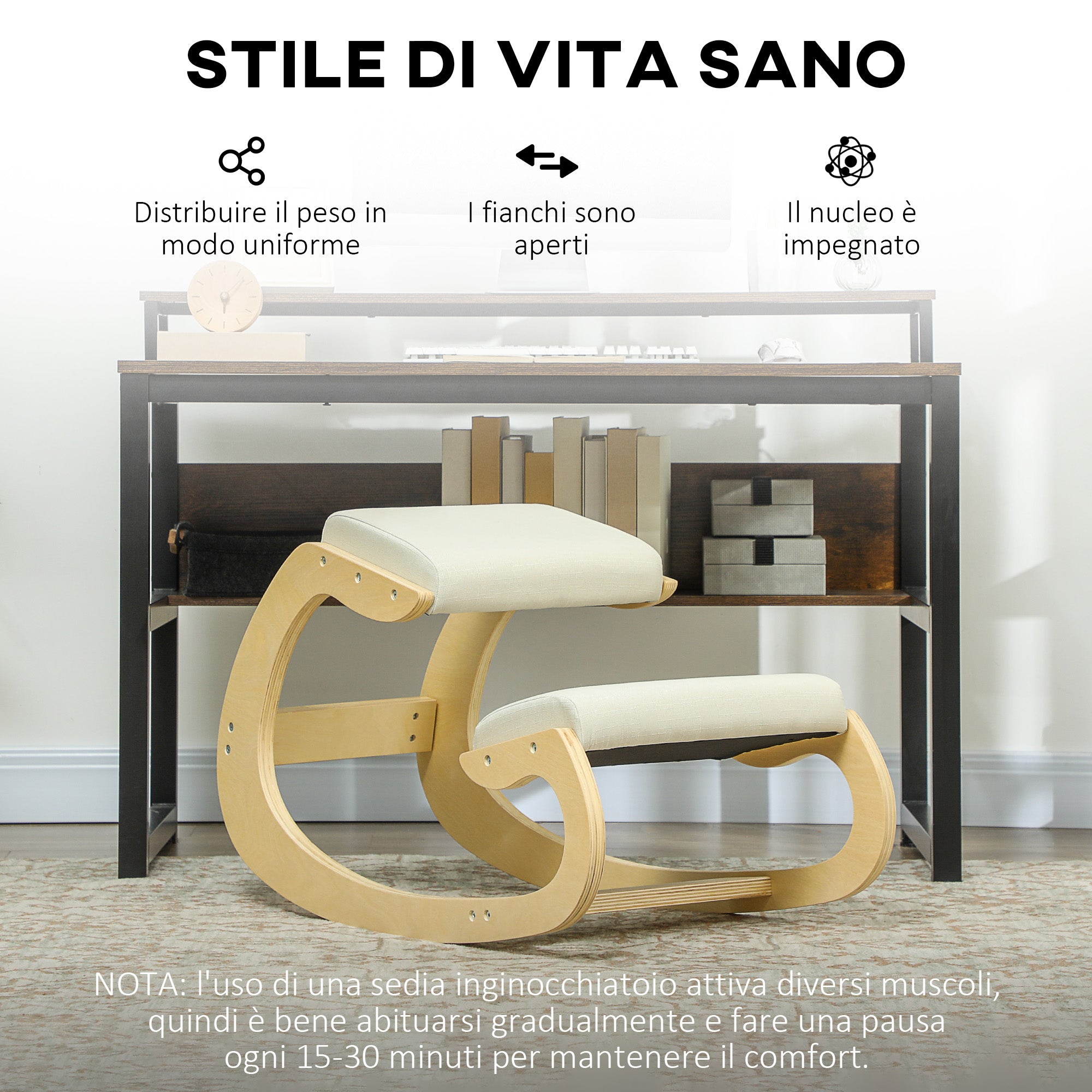 Kneeling Chair with Rocking Motion, Ergonomic Posture Chair in Linen Fabric and Birchwood, 55x85x55 cm, Cream