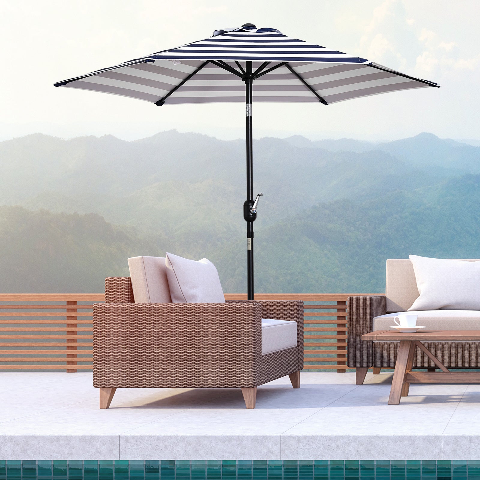 Parasol Garden Umbrella Terrace Umbrella Frame Steel Outdoor Blue Stripe Ø230 x 216 cm