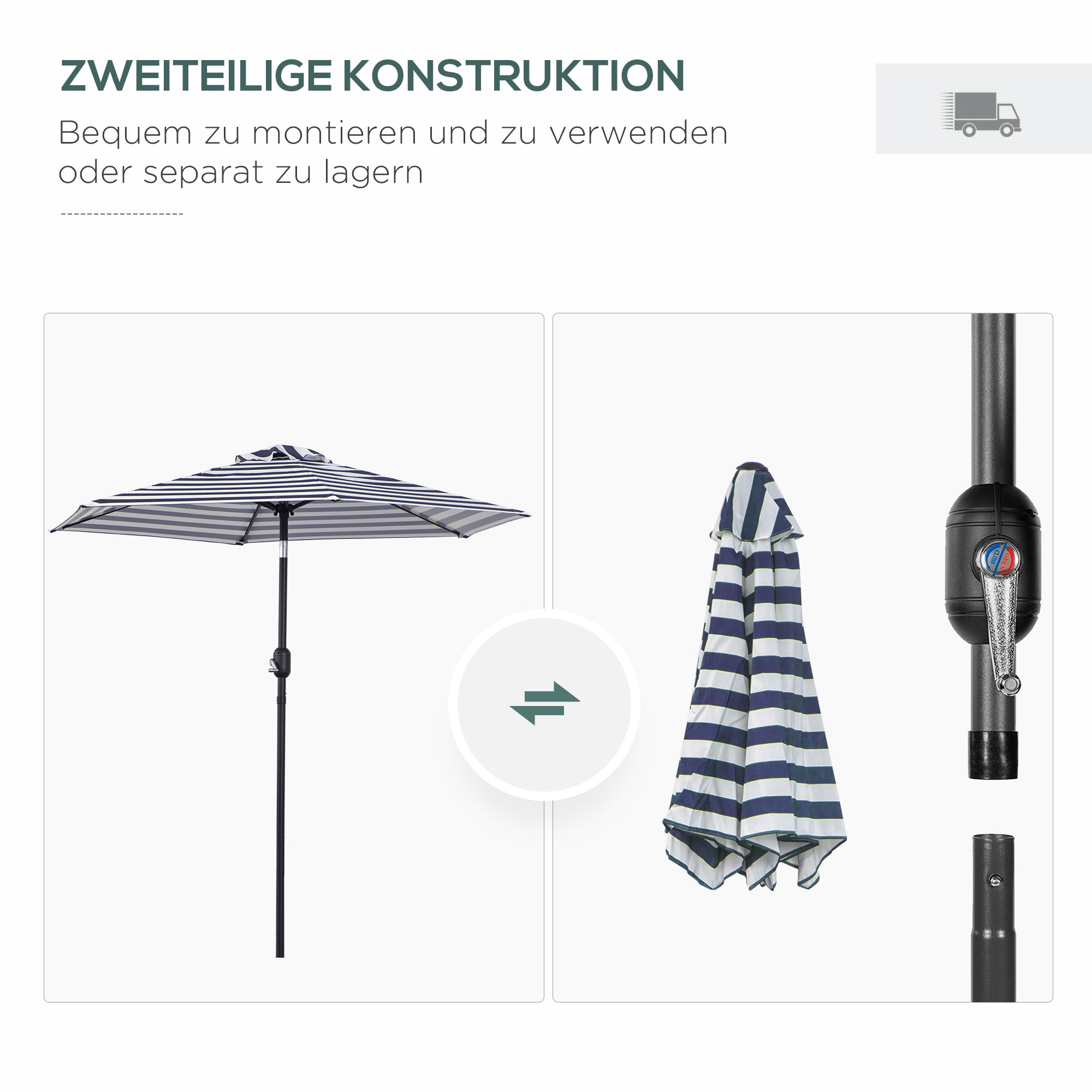 Parasol Garden Umbrella Terrace Umbrella Frame Steel Outdoor Blue Stripe Ø230 x 216 cm