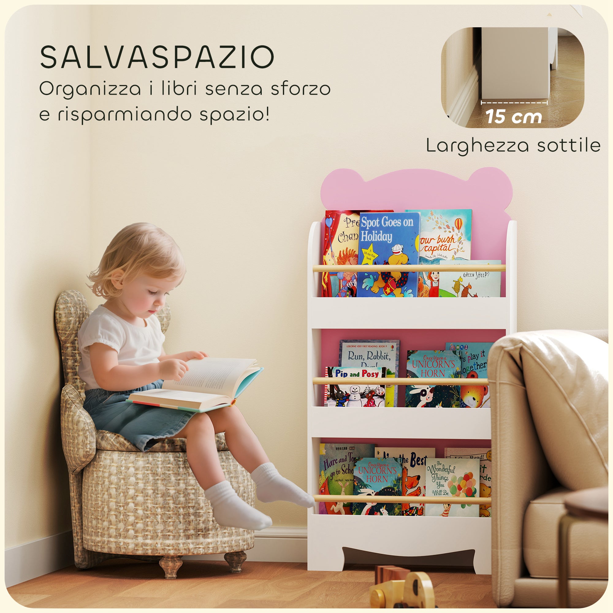 Children's Bookcase with 3 Shelves, Space-Saving Bear-Shaped Shelf with Frontal Barriers, for Bedroom and Living Room, 55x15x110 cm, Pink