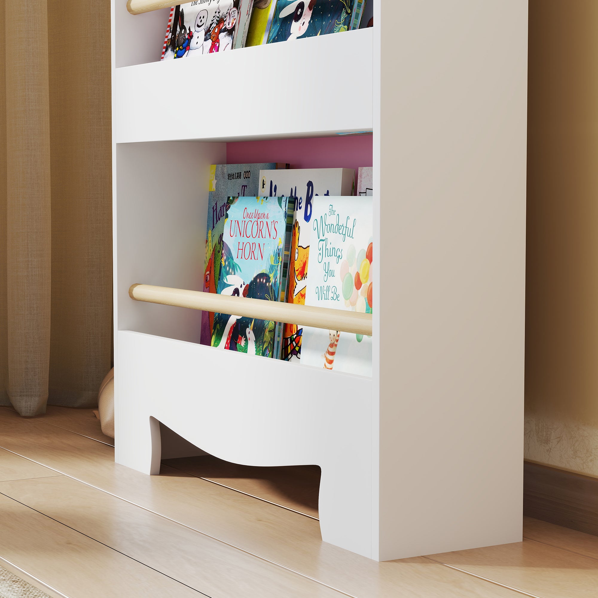 Children's Bookcase with 3 Shelves, Space-Saving Bear-Shaped Shelf with Frontal Barriers, for Bedroom and Living Room, 55x15x110 cm, Pink