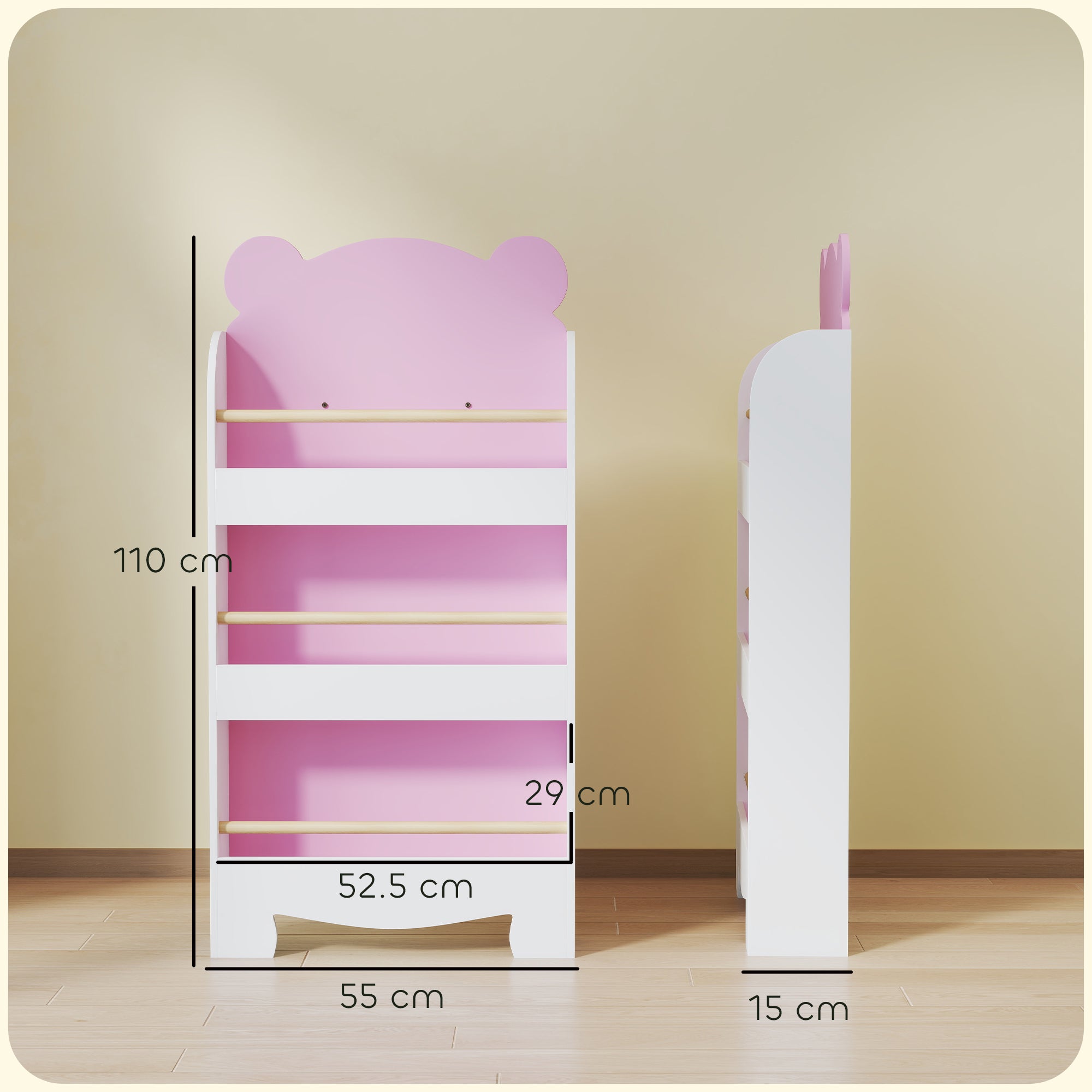 Children's Bookcase with 3 Shelves, Space-Saving Bear-Shaped Shelf with Frontal Barriers, for Bedroom and Living Room, 55x15x110 cm, Pink
