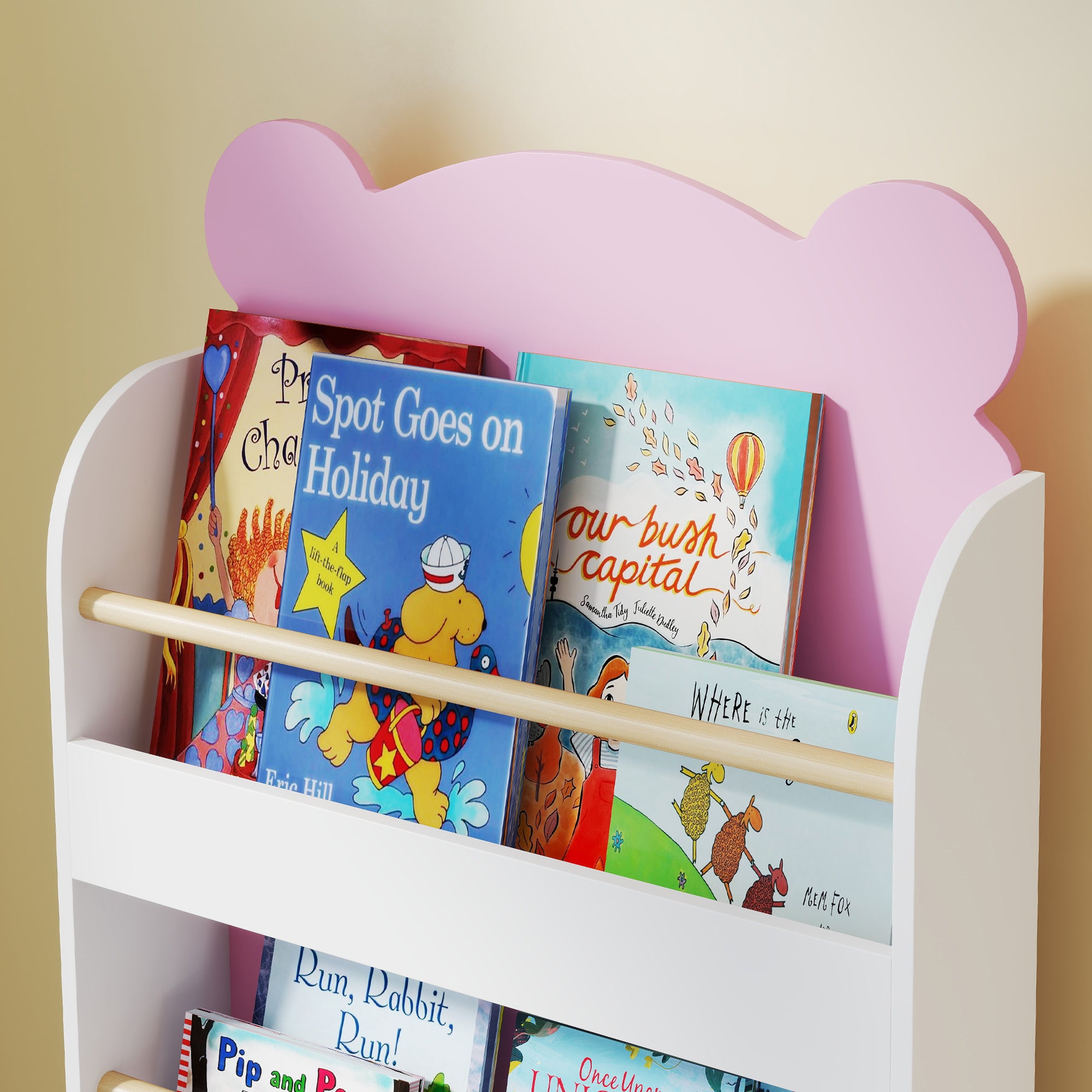 Children's Bookcase with 3 Shelves, Space-Saving Bear-Shaped Shelf with Frontal Barriers, for Bedroom and Living Room, 55x15x110 cm, Pink