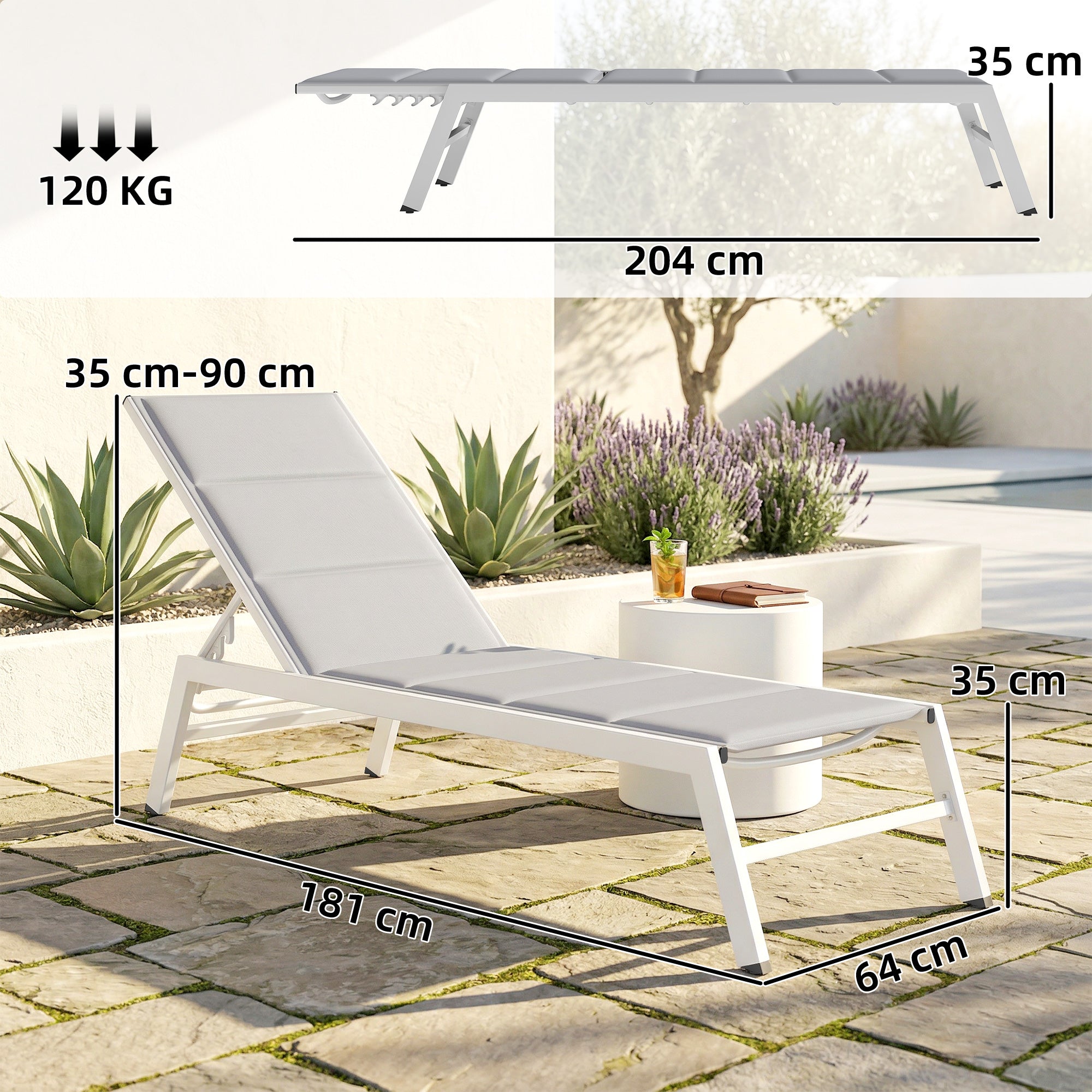 Lightweight Aluminum Sun Lounger — 6-Position Adjustable Back, 560 g/m² Textilene with Integrated Padding, Rust-Resistant Patio/Pool Chaise (25.2 x 71.3 x 35.4 in), Light Gray