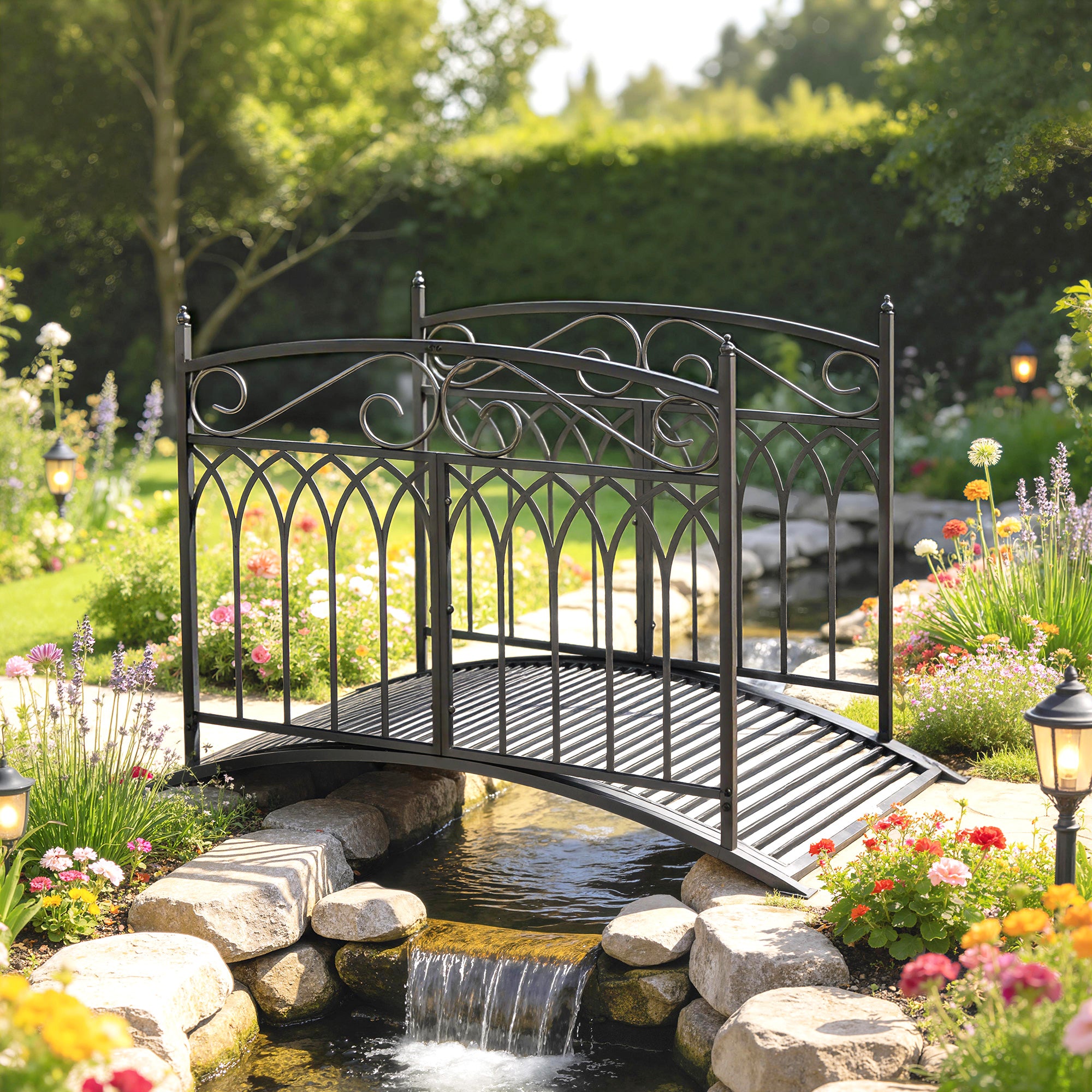 Metal Garden Bridge, 53.3 in (135.5 cm) — Antique-Style, Rust-Resistant Pond Bridge with Safety Rails