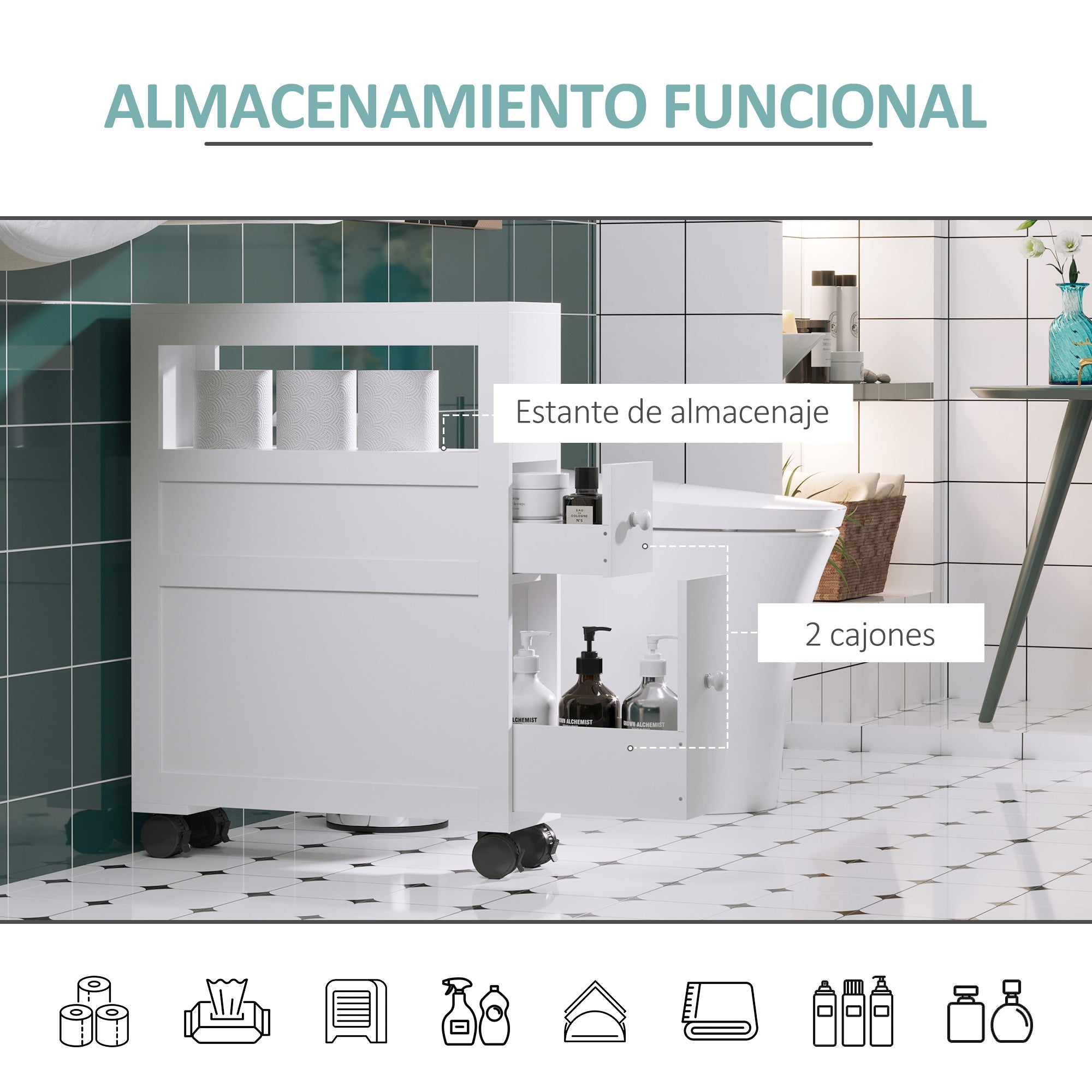 Bathroom Cabinet with Wheels Narrow Bathroom Cabinet with 2 Drawers and Storage Shelf Load 20 kg 16x52x71.5 cm White