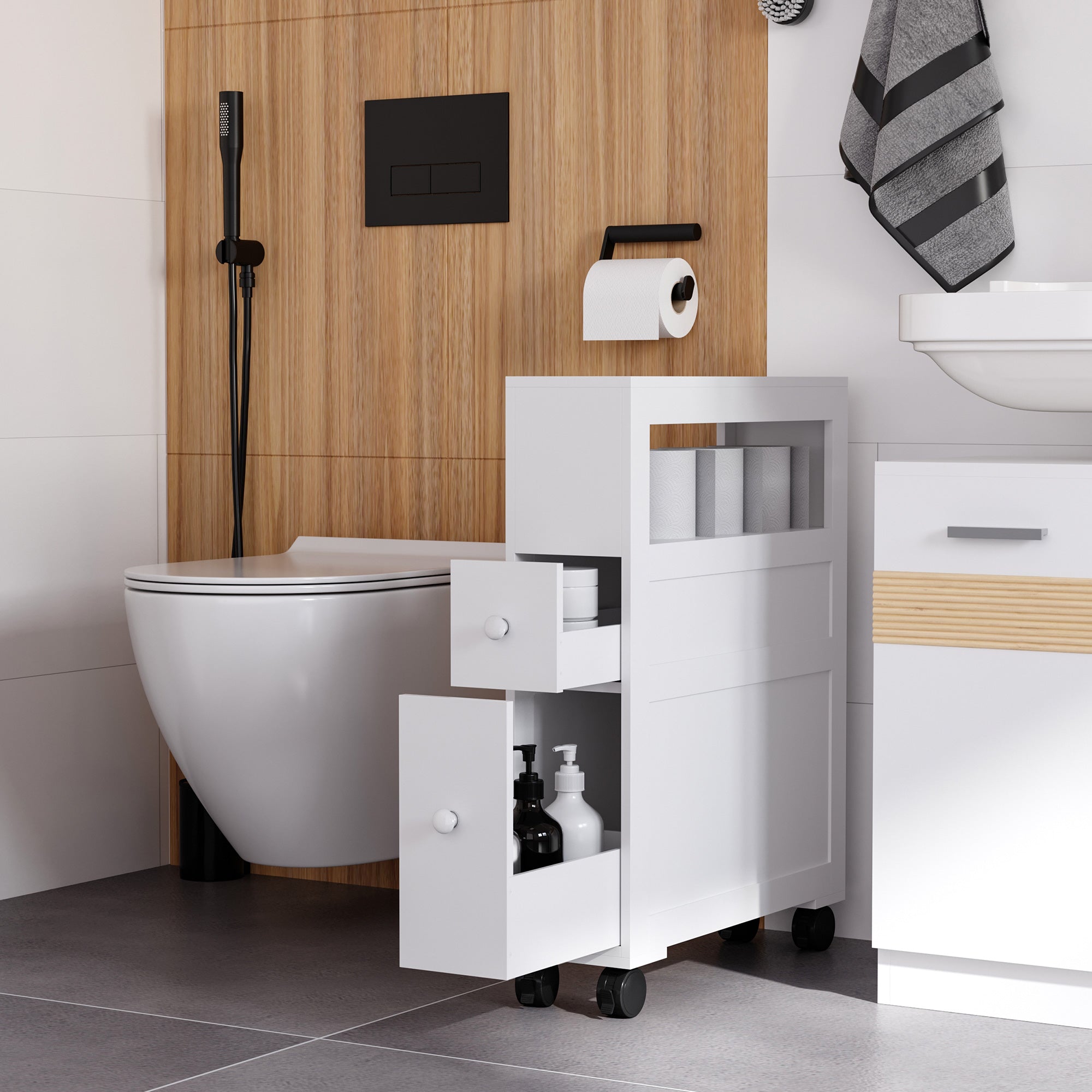 Bathroom Cabinet with Wheels Narrow Bathroom Cabinet with 2 Drawers and Storage Shelf Load 20 kg 16x52x71.5 cm White