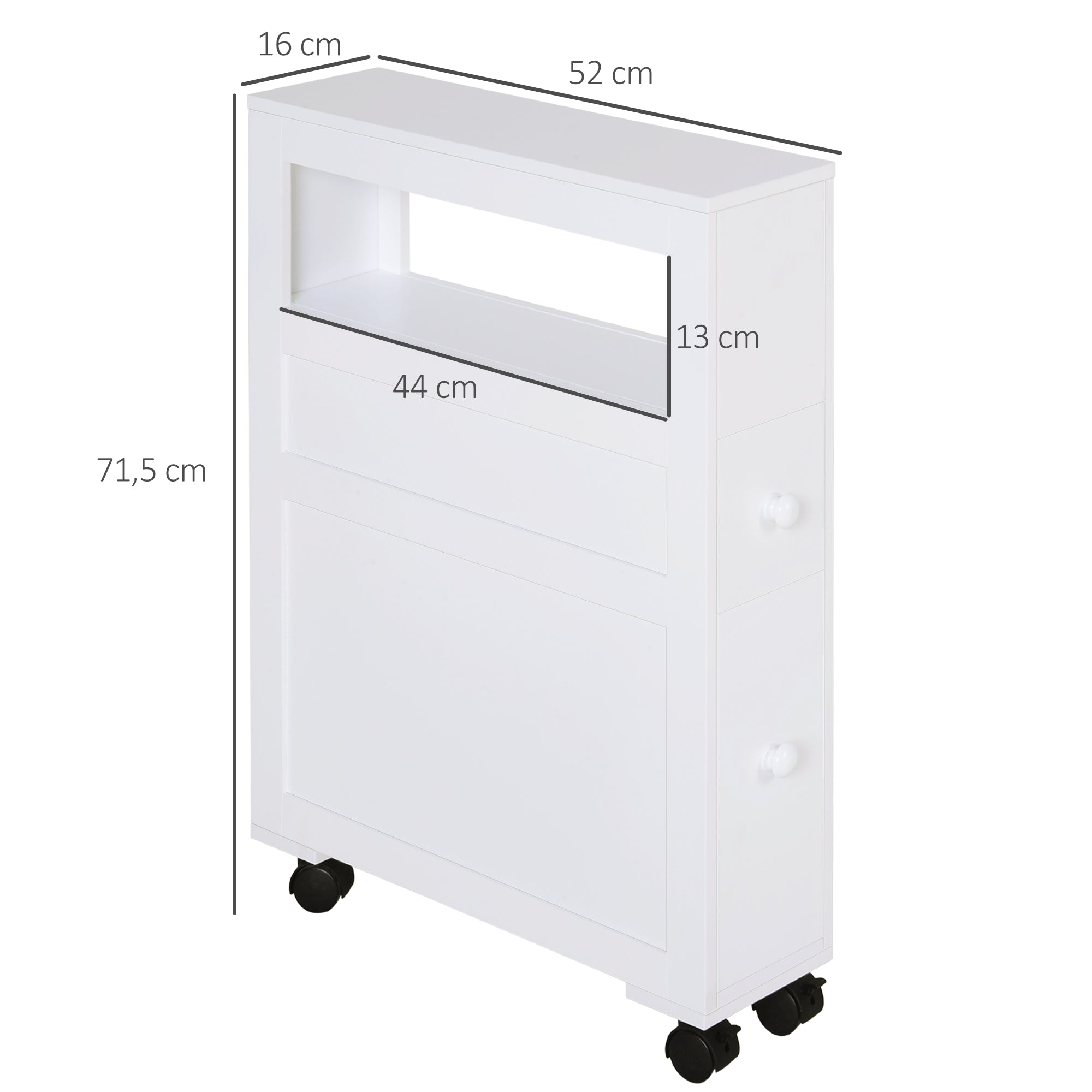Bathroom Cabinet with Wheels Narrow Bathroom Cabinet with 2 Drawers and Storage Shelf Load 20 kg 16x52x71.5 cm White