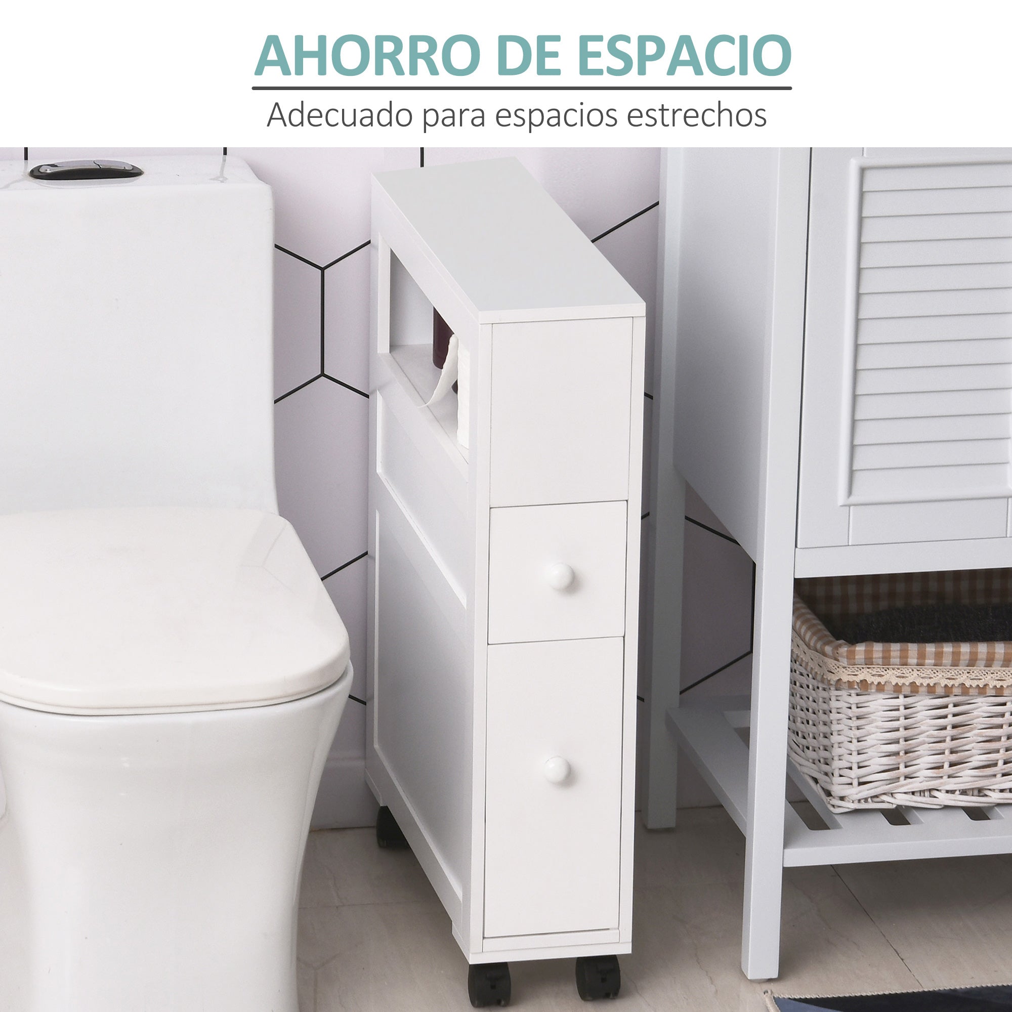 Bathroom Cabinet with Wheels Narrow Bathroom Cabinet with 2 Drawers and Storage Shelf Load 20 kg 16x52x71.5 cm White