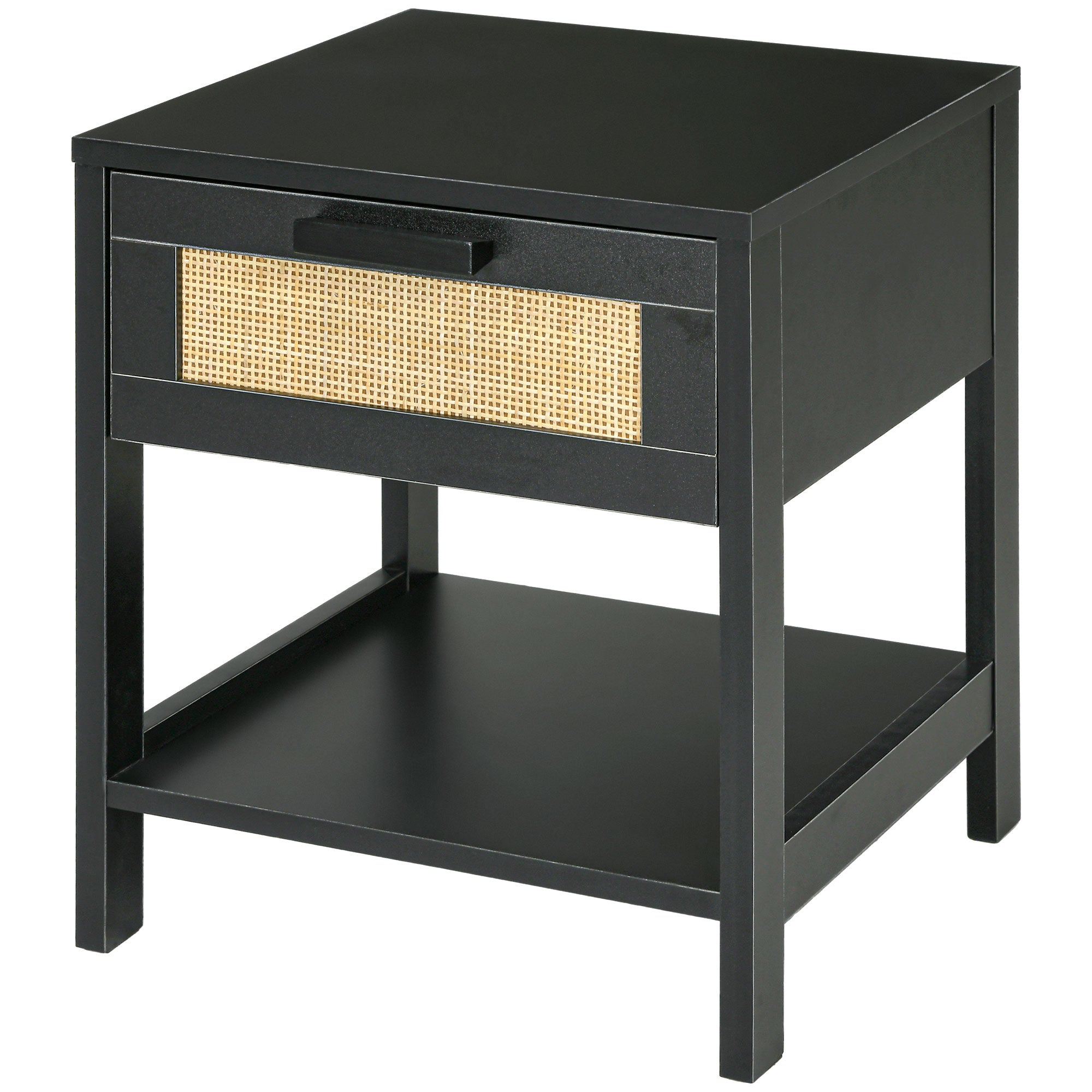 Bedside Table Nightstand with Drawer and Shelf, Rattan Cane, Dim. 40L x 40W x 48H cm Black