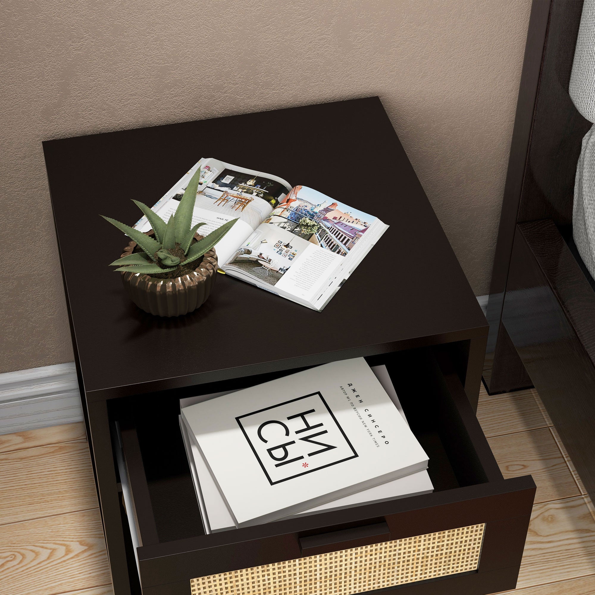 Bedside Table Nightstand with Drawer and Shelf, Rattan Cane, Dim. 40L x 40W x 48H cm Black