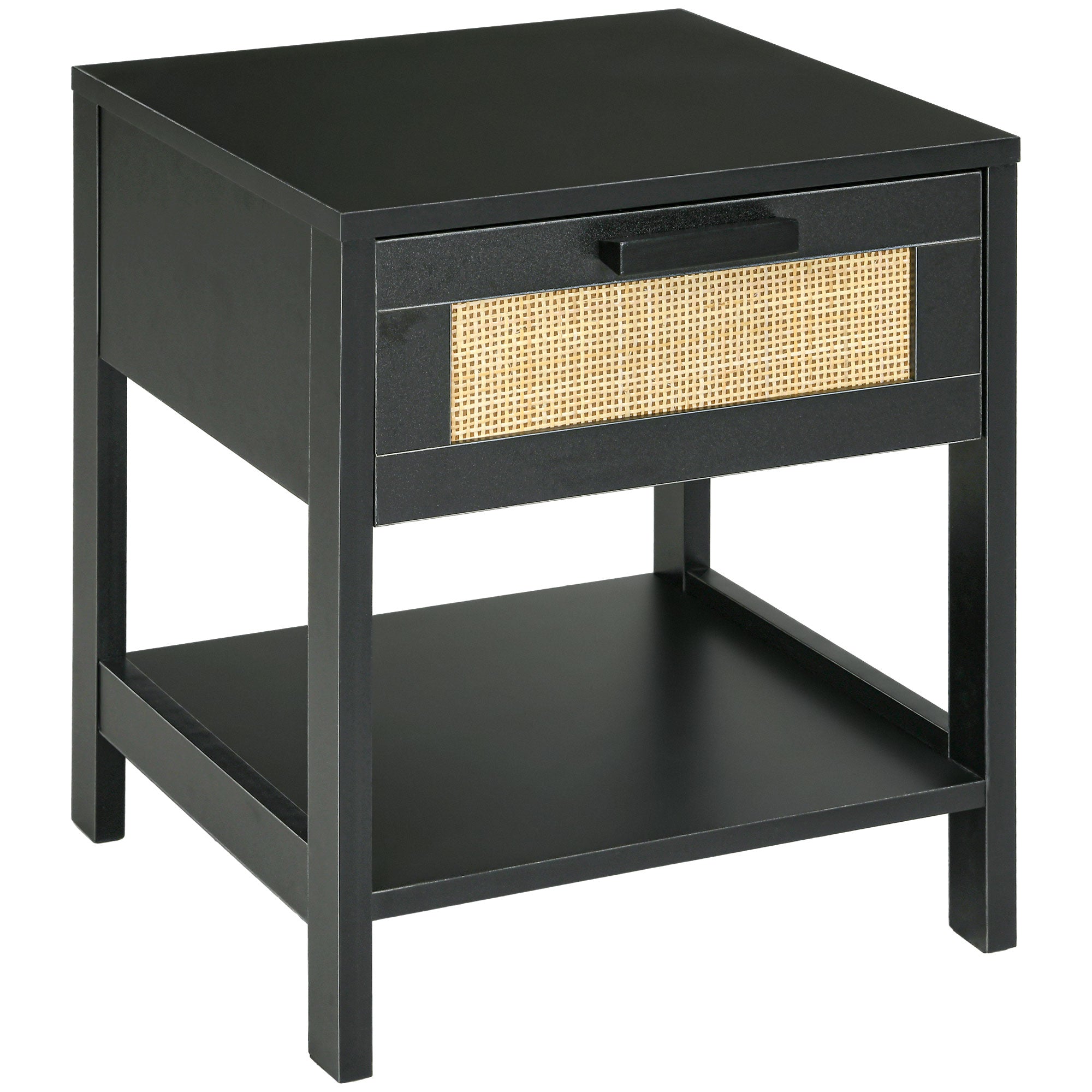 Bedside Table Nightstand with Drawer and Shelf, Rattan Cane, Dim. 40L x 40W x 48H cm Black
